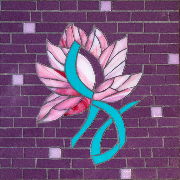 Inner Strength, 2017, 8" X 8", donated to Art for Cancer. Stained glass, recycled glass tiles.
