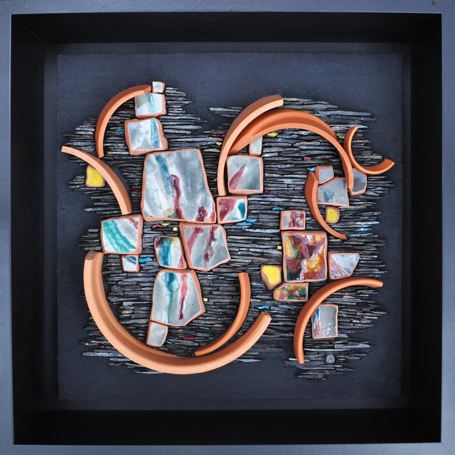 The Sum of Its Parts, 2025, 14" X 14" framed, Broken handmade ceramics, beach ceramics, terra cotta pots, Marcellus shale, Lévis shale, slate, smalti.