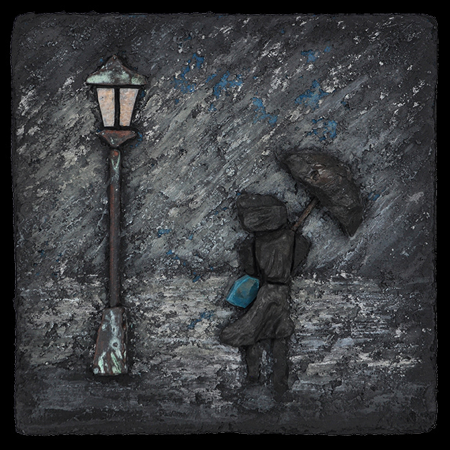 Respite, 2019, 6" X 6", SOLD. Slag, wood, stained glass, gold leaf, copper, smalti, patina paint, tinted thinset.