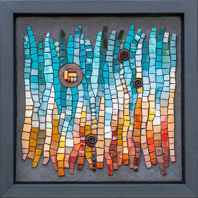 Tides of Convenience, 2017, 12" X 12". Stained glass, ceramic, smalti, glass pebbles, rusted metal, circuit board pieces.