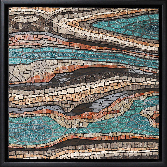 Contours, 2020, 17 1/2" X 17 1/2". Stained glass, smalti, marble, slate, shale, travertine and acrylic paint.
