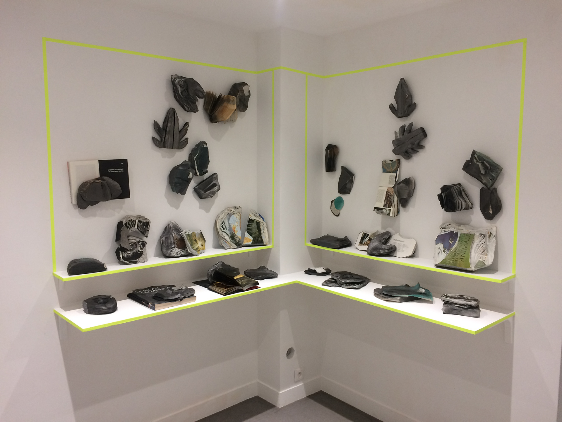 Vue de l'installation exposée au CAC La Traverse à Alfortville en 2016. 44 ouvrages taillés reconstituant 4 vitrines d'un musée préhistorique. 2017. 250 x 325 x 40 cm 