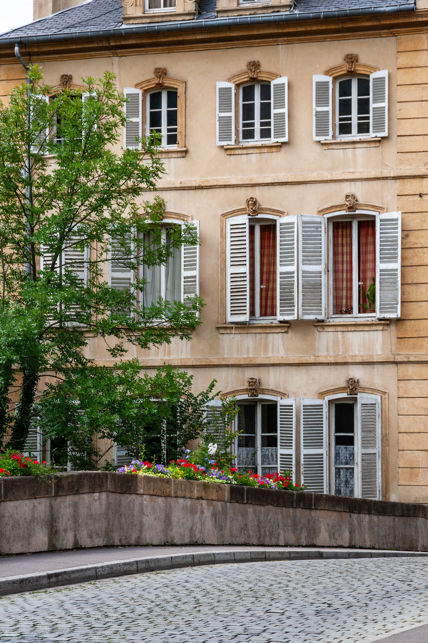 A charming multi-story residential building in Metz, France, featuring traditional cream-colored stone walls and symmetrical windows with white wooden shutters. The scene is accented by a lush green tree and vibrant flower boxes along a cobblestone street.