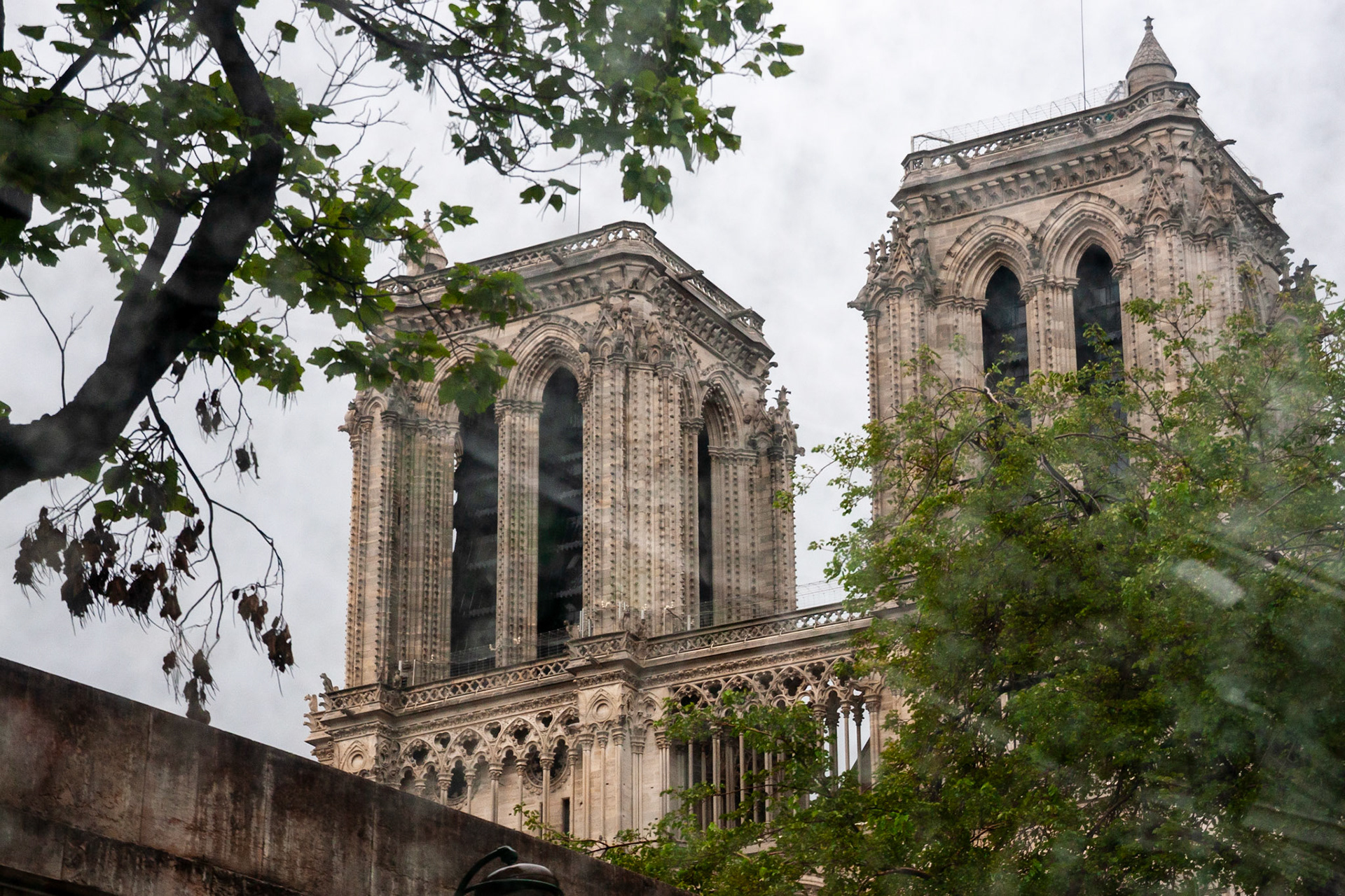 A low-angle view of the iconic twin bell towers of the Notre Dame de Paris cathedral, framed by green foliage under an overcast sky, showcasing the intricate Gothic stone carvings and architectural heritage of France.