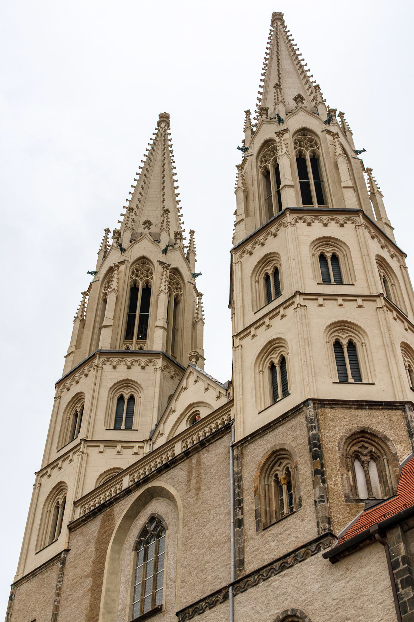 Gothic church spires reaching toward sky