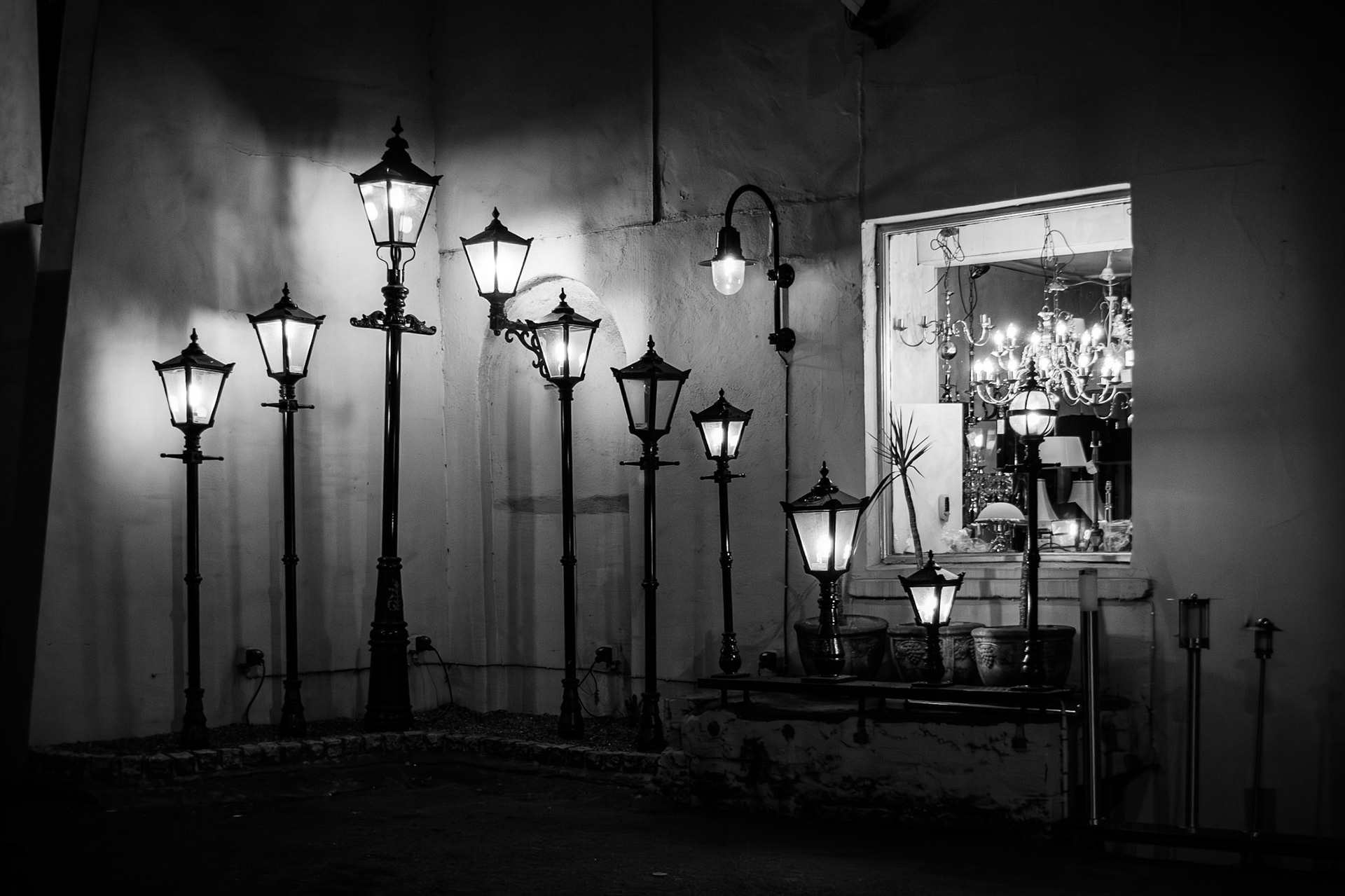 Vintage street lamps glowing at night