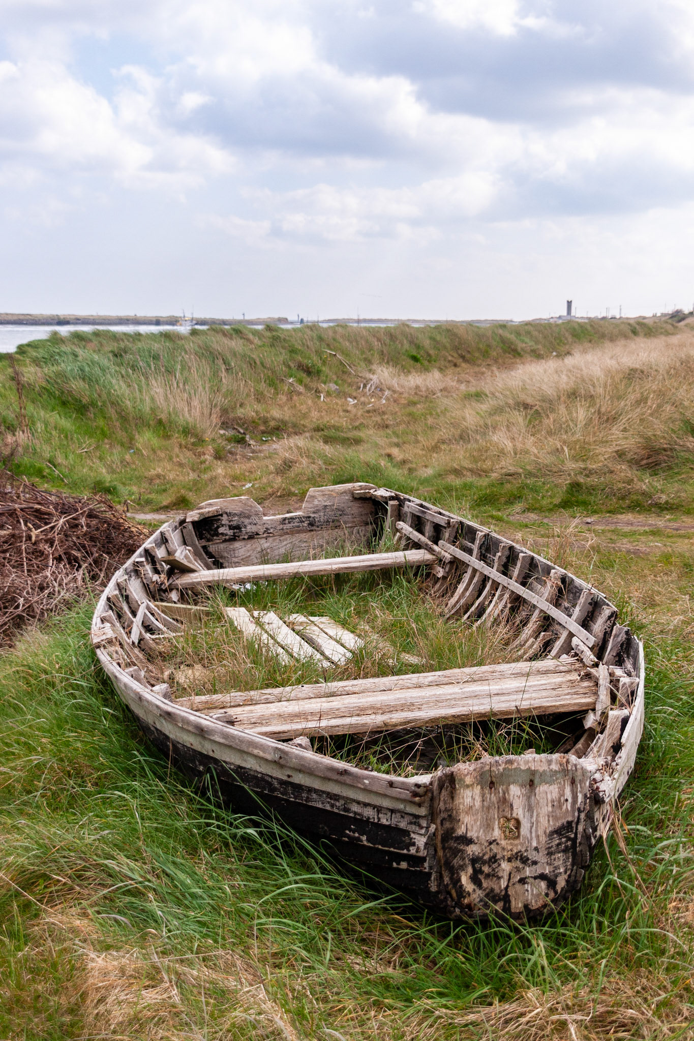 An atmospheric view of a weathered, decaying wooden boat resting in the tall coastal grasses of Mornington Beach, overlooking the Boyne estuary under a cloudy sky.