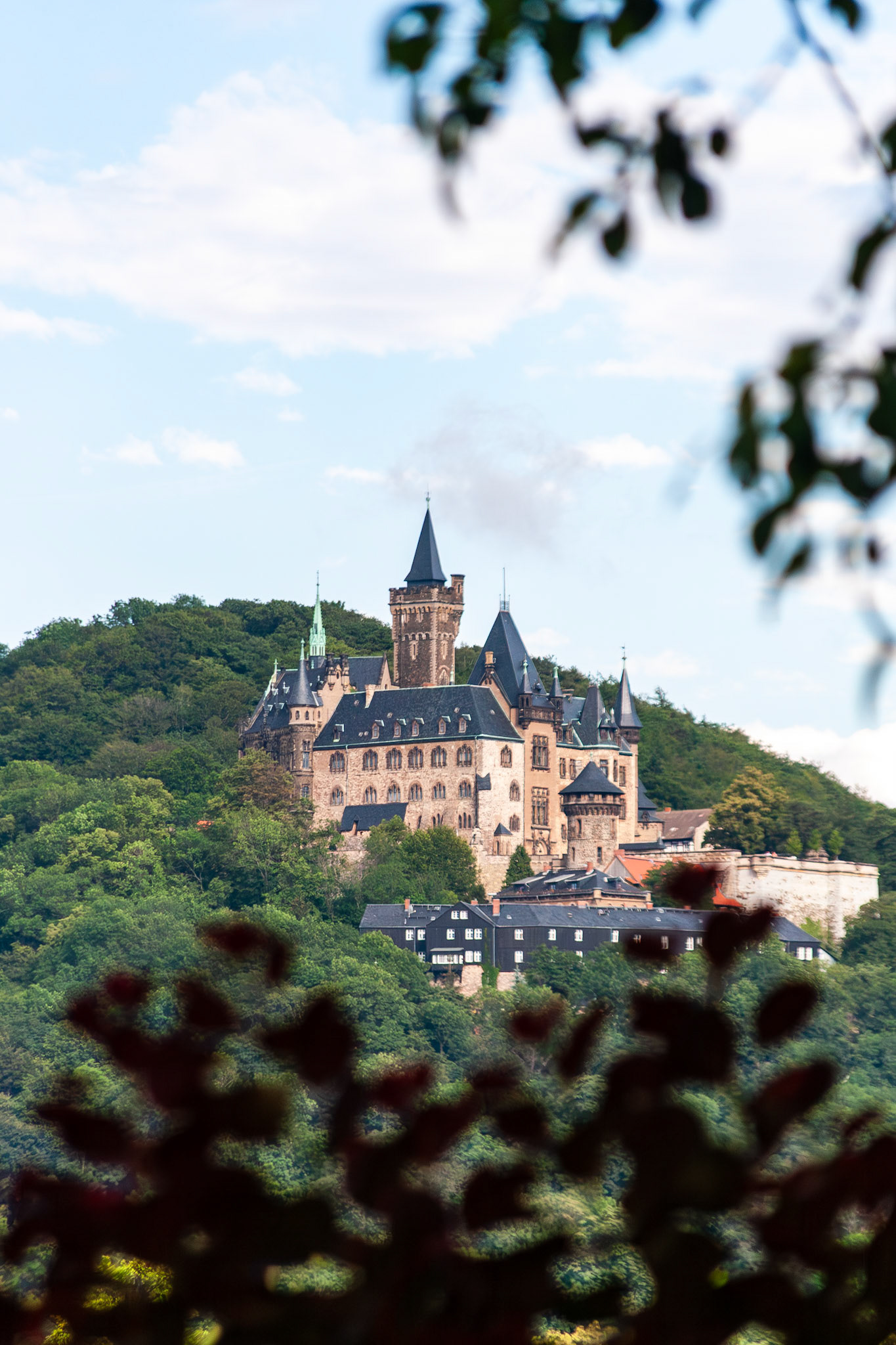 A scenic view of the historic Wernigerode Castle (Schloss Wernigerode) nestled atop a densely forested hill, featuring its iconic neo-Gothic spires and stone architecture under a bright sky in Saxony-Anhalt, Germany.