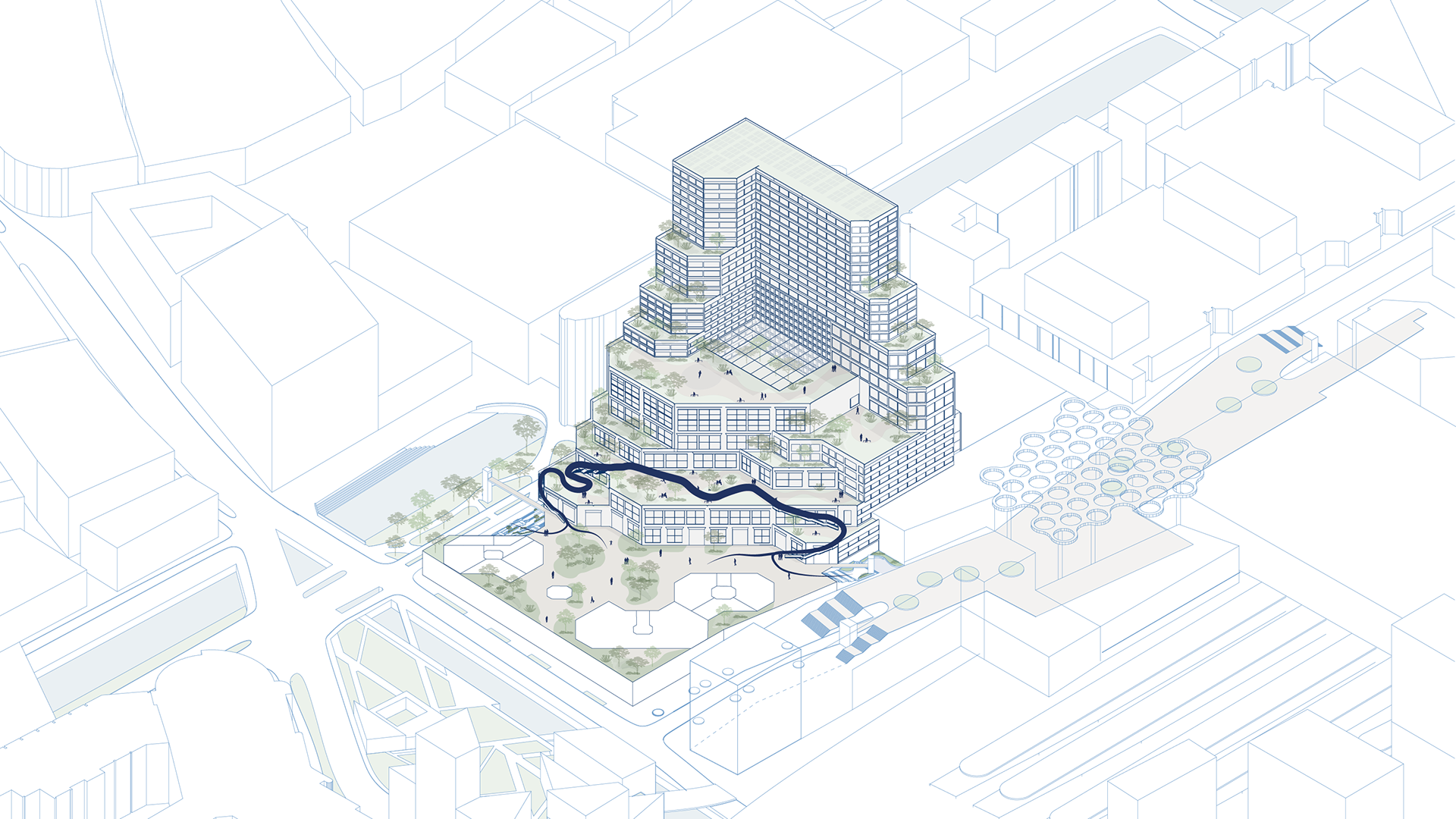 Stairs up to the first terrace