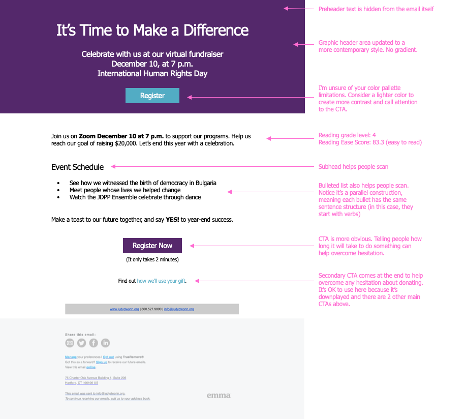 Suggested design and content updates with annotations