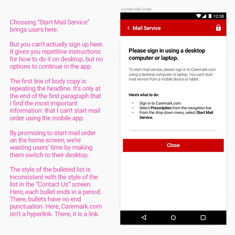 Recreation of the app's "Start Mail Service" screen (as of 2019)