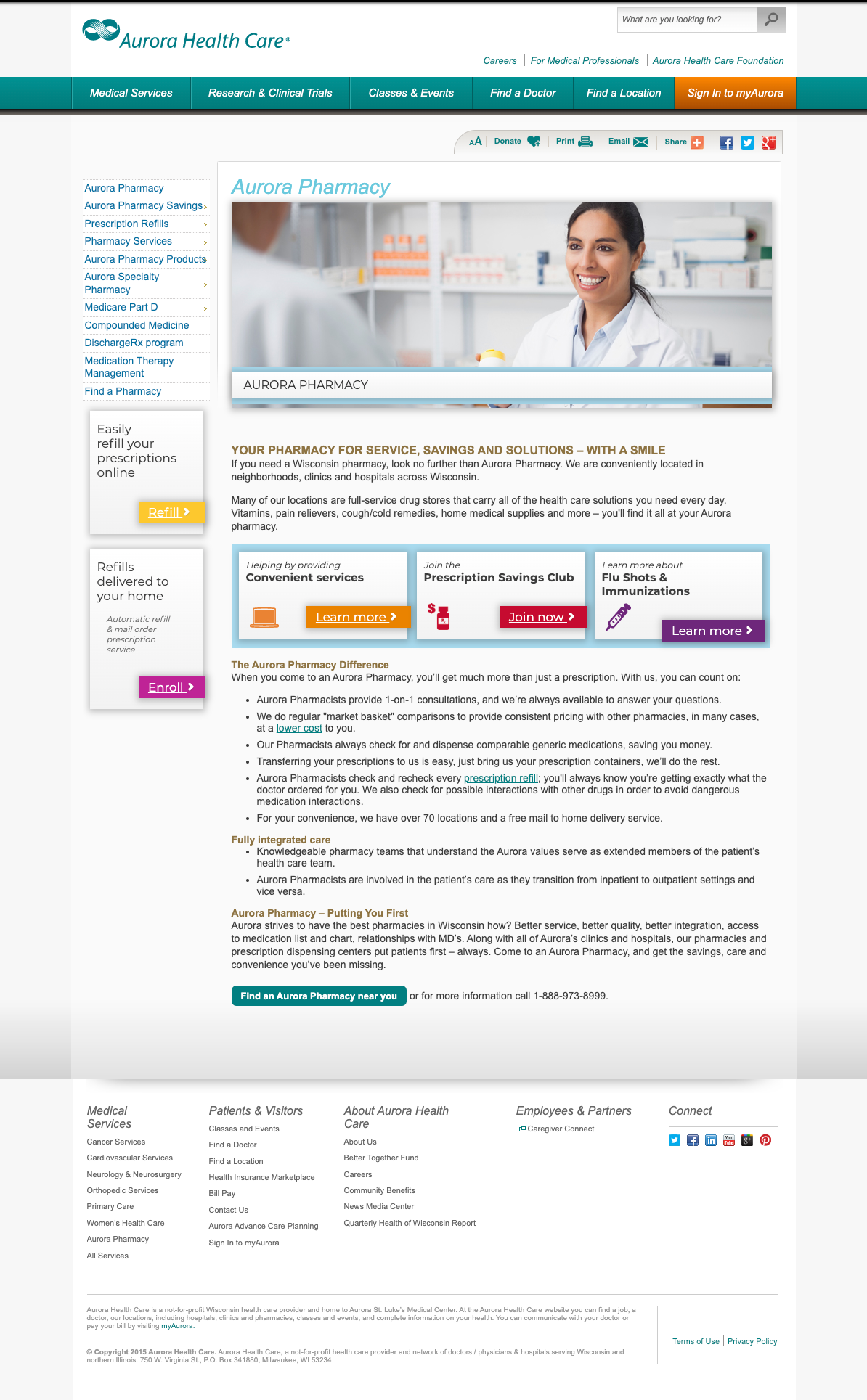 Aurora Pharmacy landing page before redesign (2015)