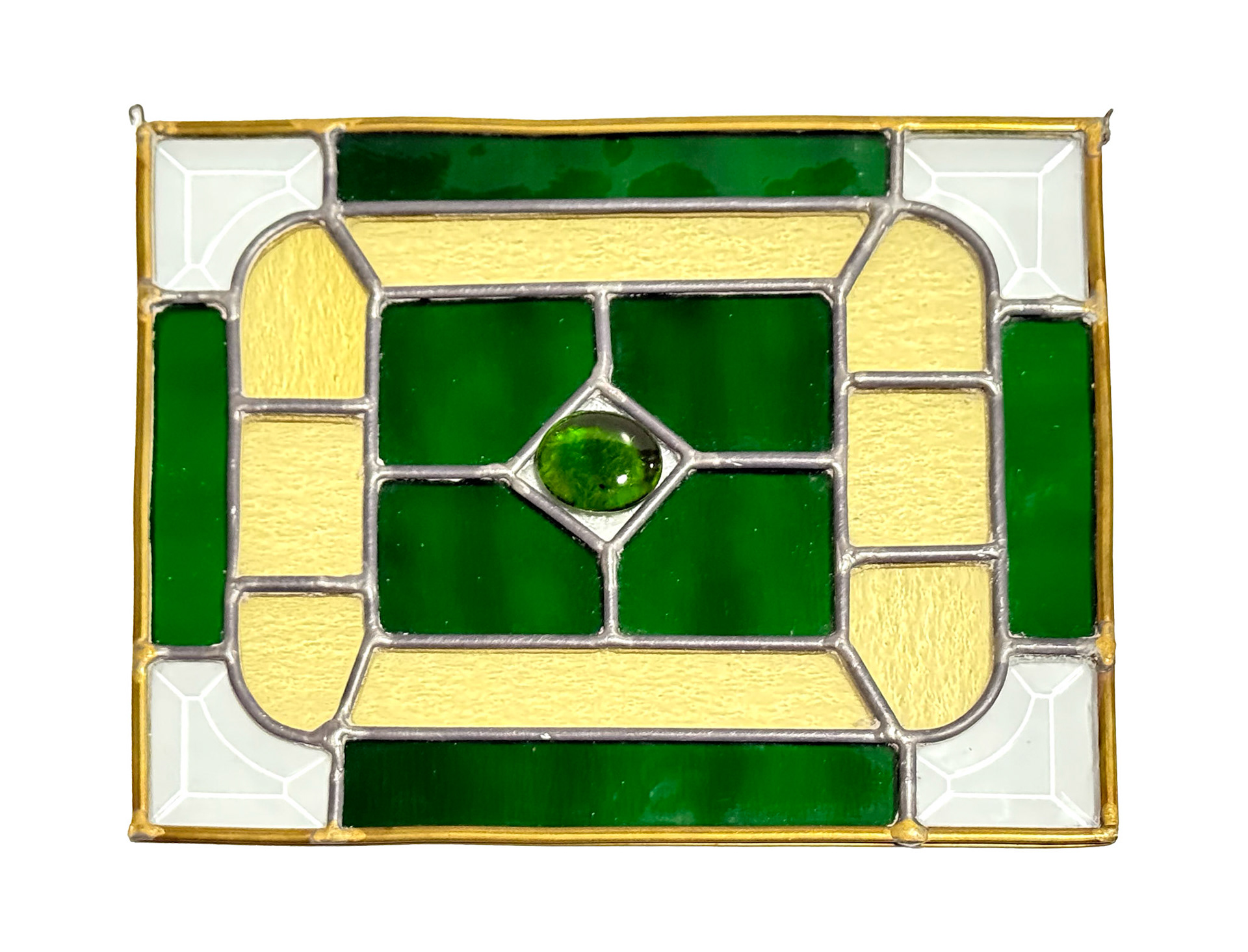 Art Deco Yellow & Emerald Green Stained Glass Panel
