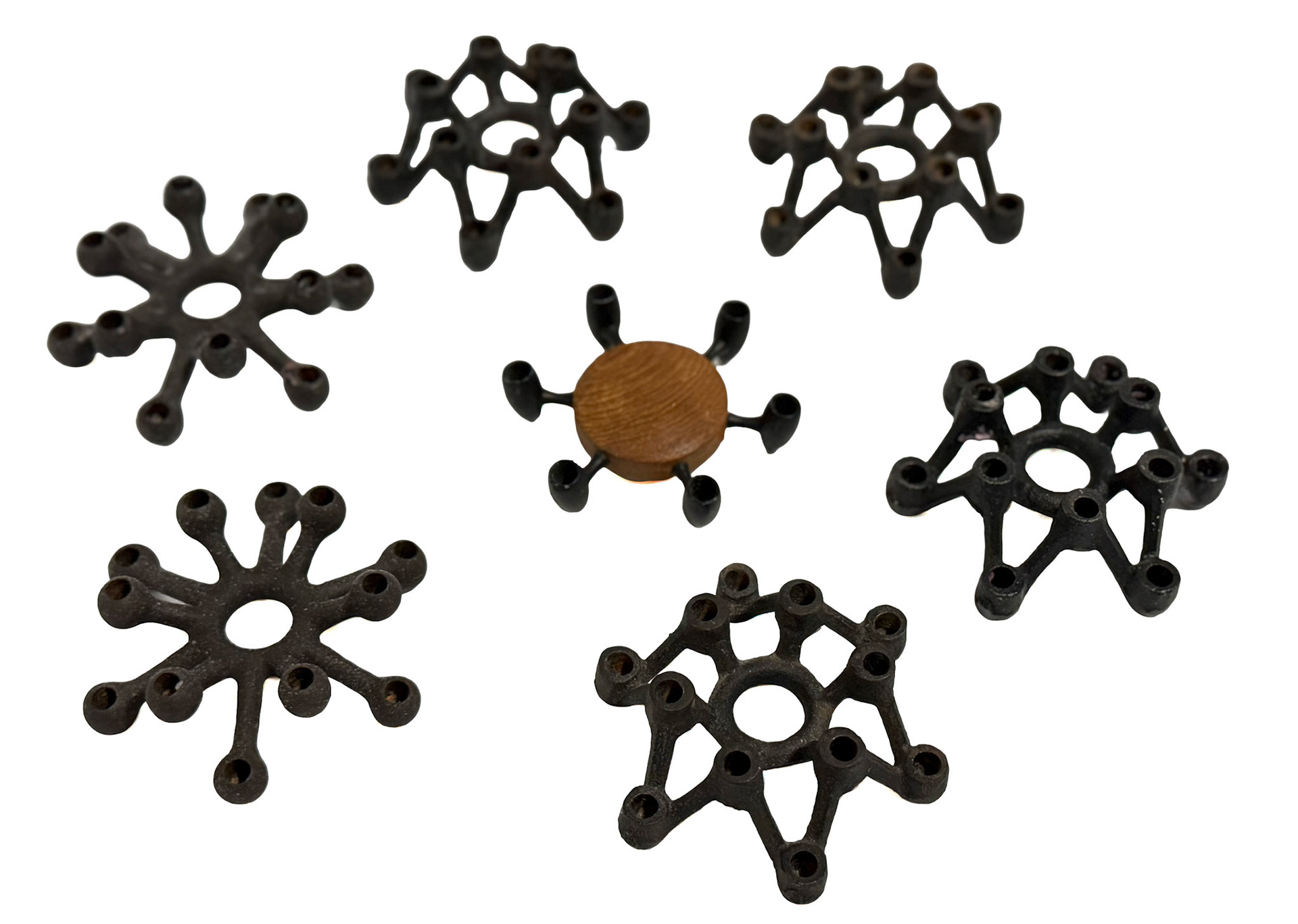 2 Dansk Cast Iron Spider Candle Holders (Height: 1.5 in, Diameter: 4.25 in), 1 Digsmed Disgens  Teak & Cast Iron Candle Holder (Height: 1 in, Diameter: 3.75 in), 4 MCM Japanese Iron Candle Holder (Height: 1.5 in, Diameter: 4 in)
