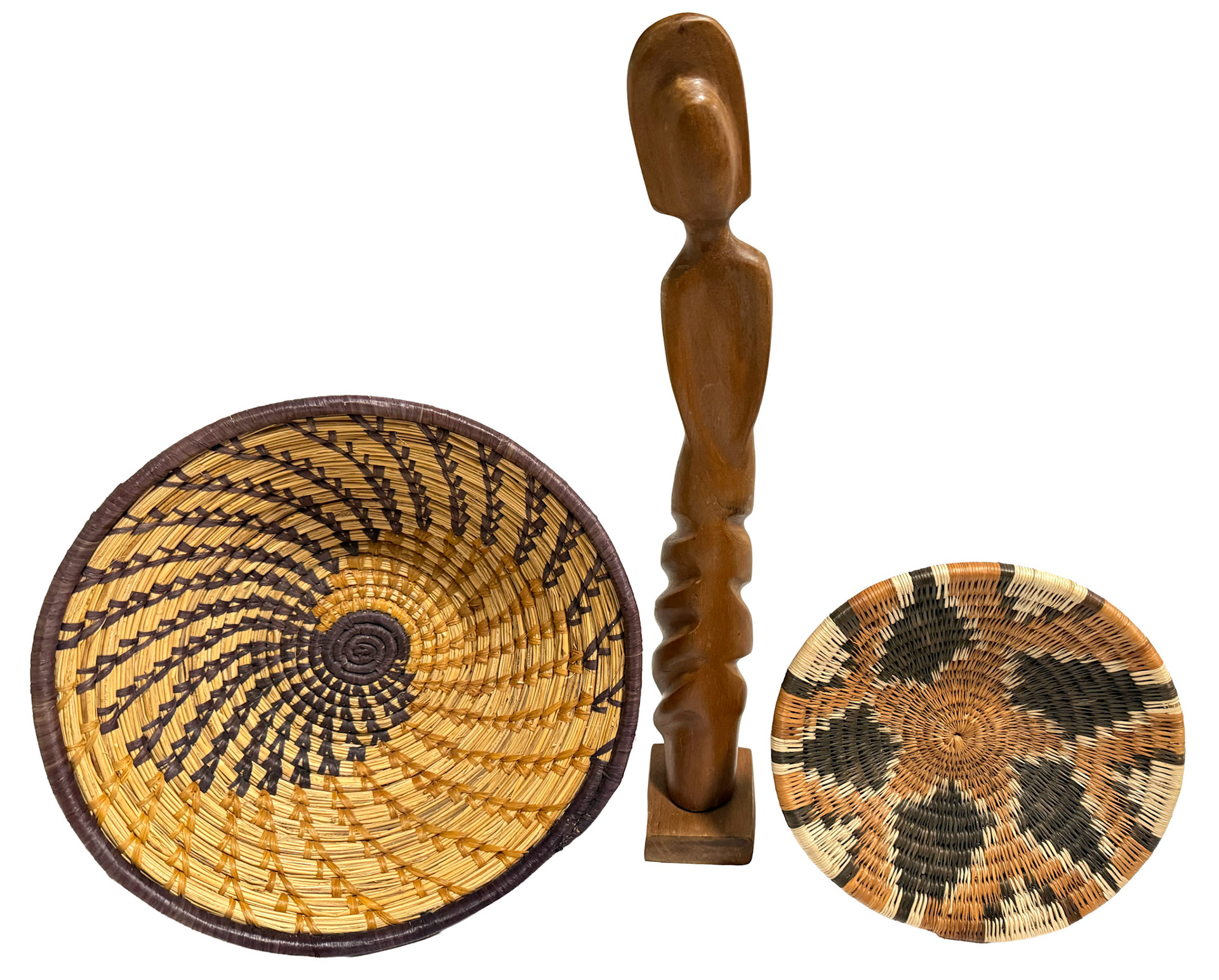 Handwoven Raffia Basket, Wood Female Sculpture, Handwoven Grass Wall Basket