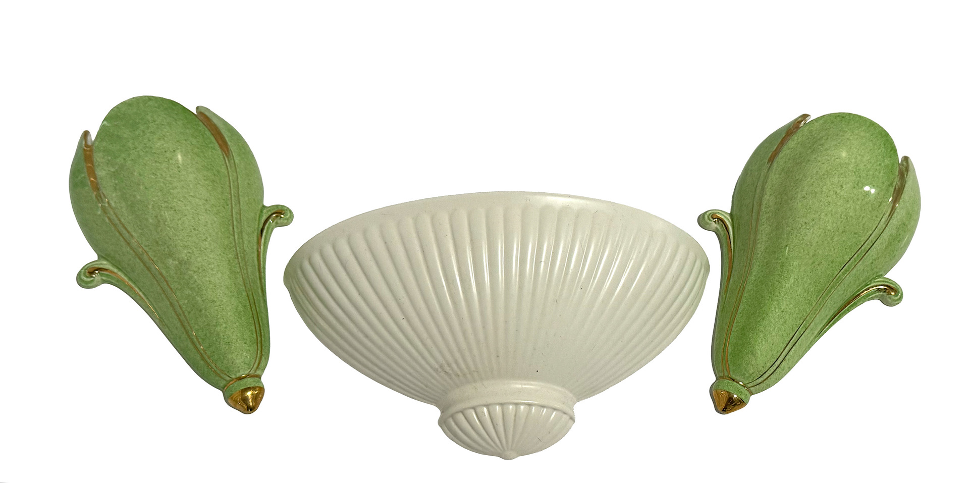 2 Royal Winton Grimwades  Green & Gold Wall Pockets, Cream Ceramic Wall Pocket