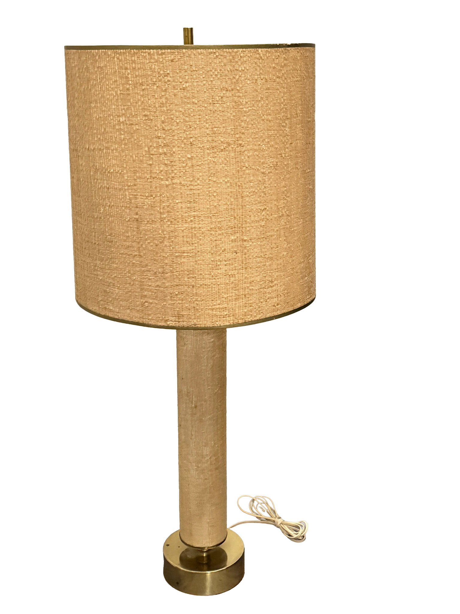 Leviton Tall Linen Drum Shade With Brass & Linen Covered Base Table Lamp (Height 40 in, Shade Diameter 15 in) (Condition: Minor Rust Spot on Brass Base)