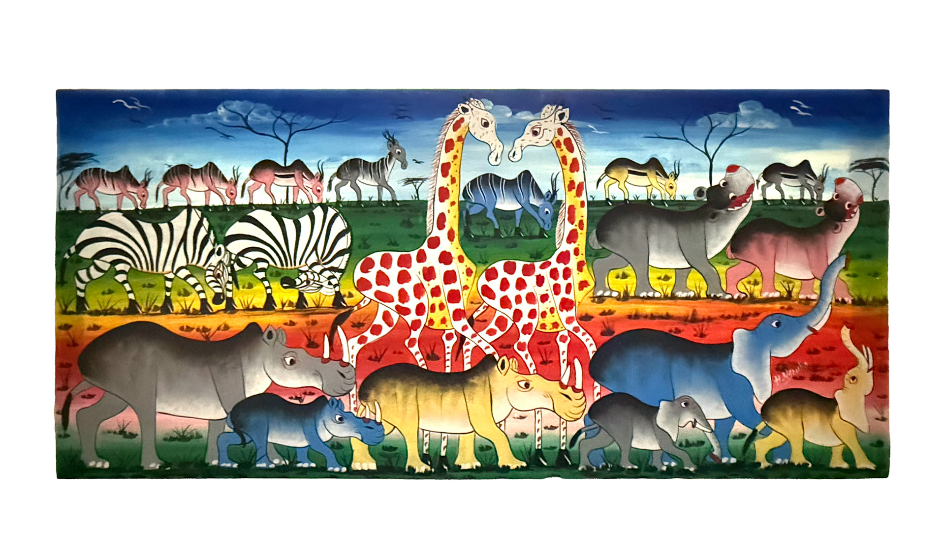 Tinga Tinga Style African Folk Art Paint On Canvas, Signed (Width 19.75 in x  Length 42 in)