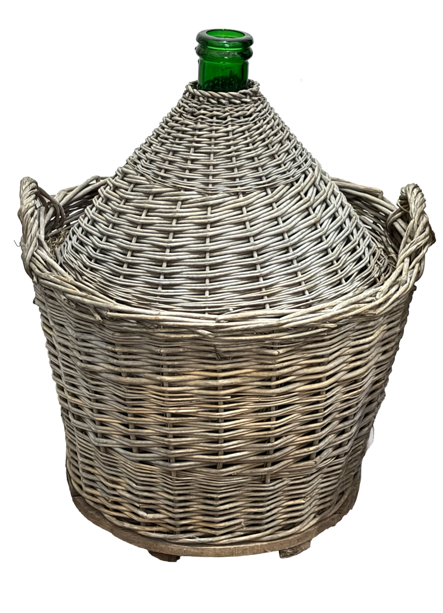 Large Green Glass Demijohn in Woven Wicker Basket (Height: 26 in)