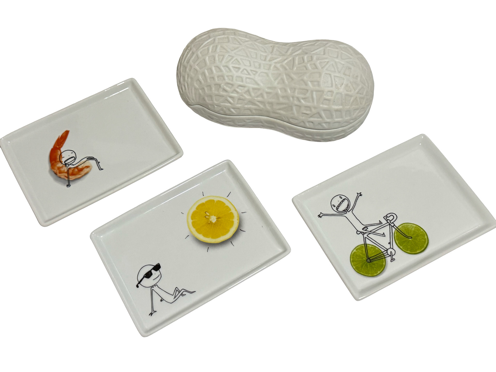 CB2 Oliver 3 Appetizer Plates & CB2 Peanut Dish
