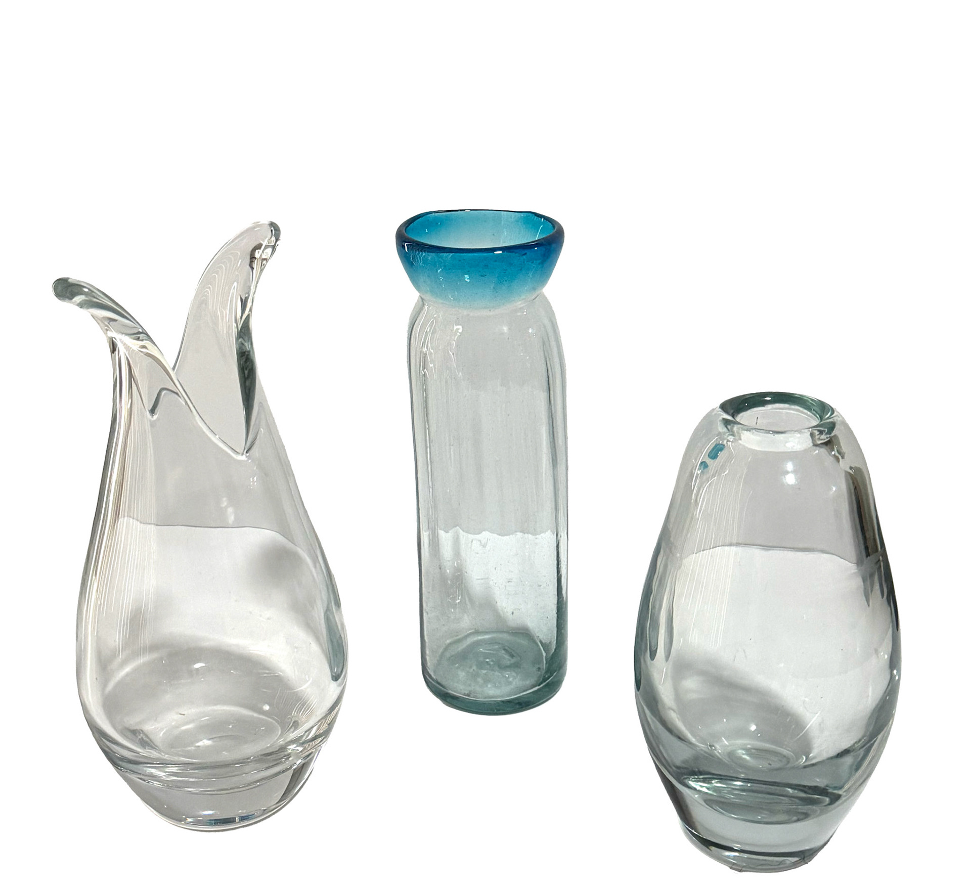 Duck Bill Holmegaard Vase, Turquoise Rimmed Mexican Vase, Kosta Boda Vase