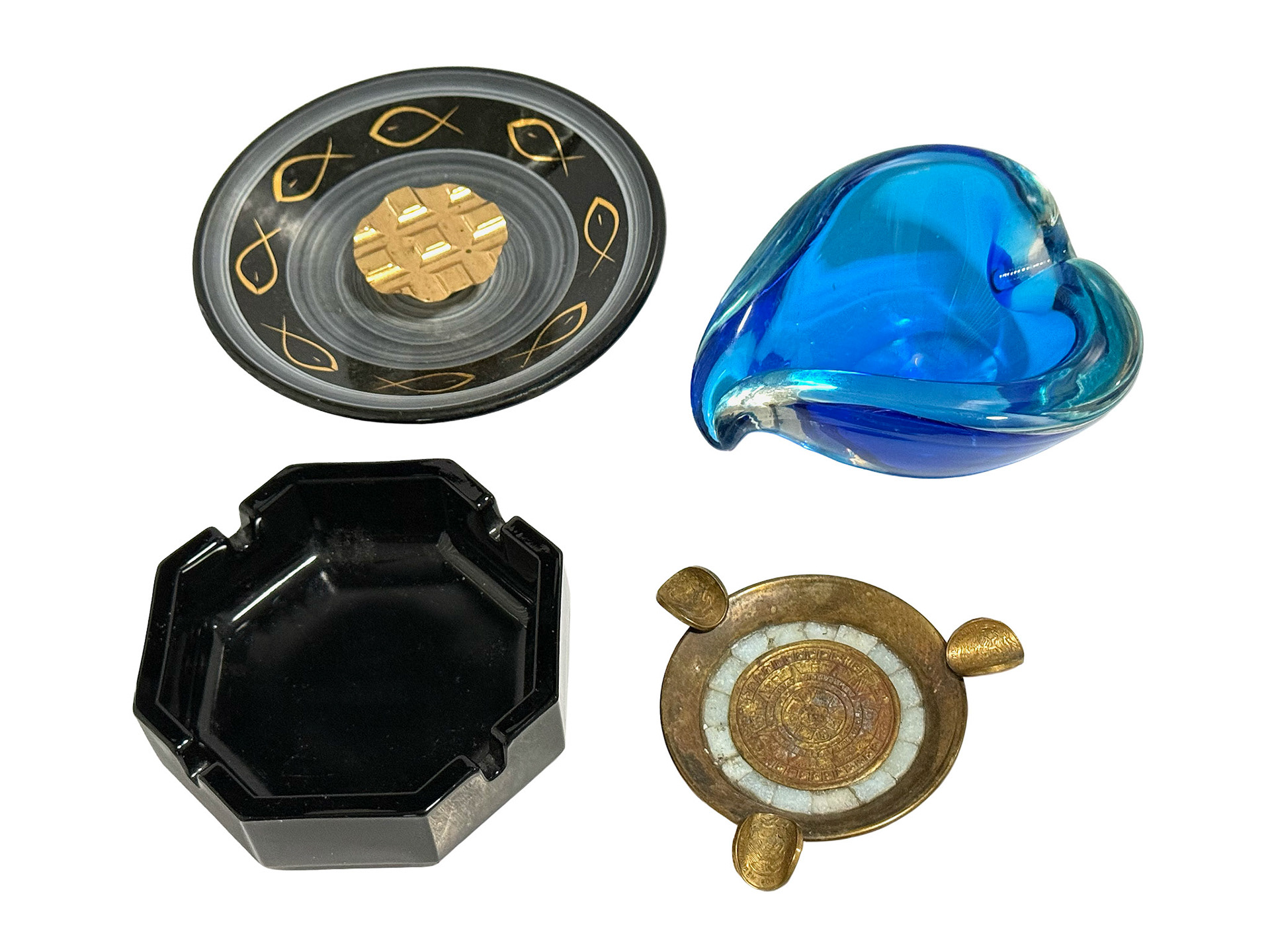 Black & Gold Evans Ashtray, Blue Heart Shaped Murano Glass Ashtray, Black Arcoroc Ashtray, Brass Mother of Pearl Inlay Ashtray