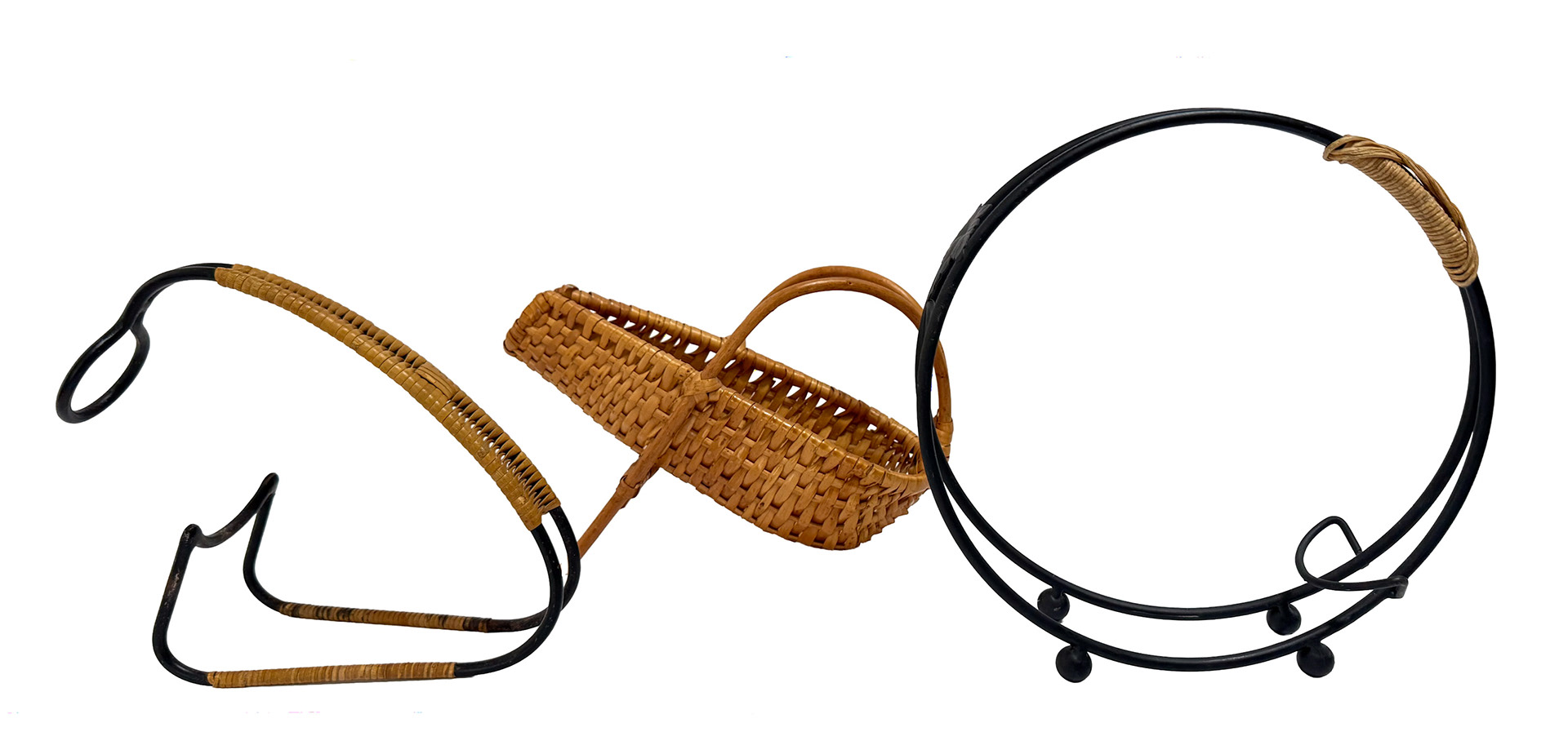 Rattan & Metal Bottle Holder In The Style of Mathieu Mategot, Woven Wicker Bottle Holder, Iron & Rattan Circular Bottle Holder