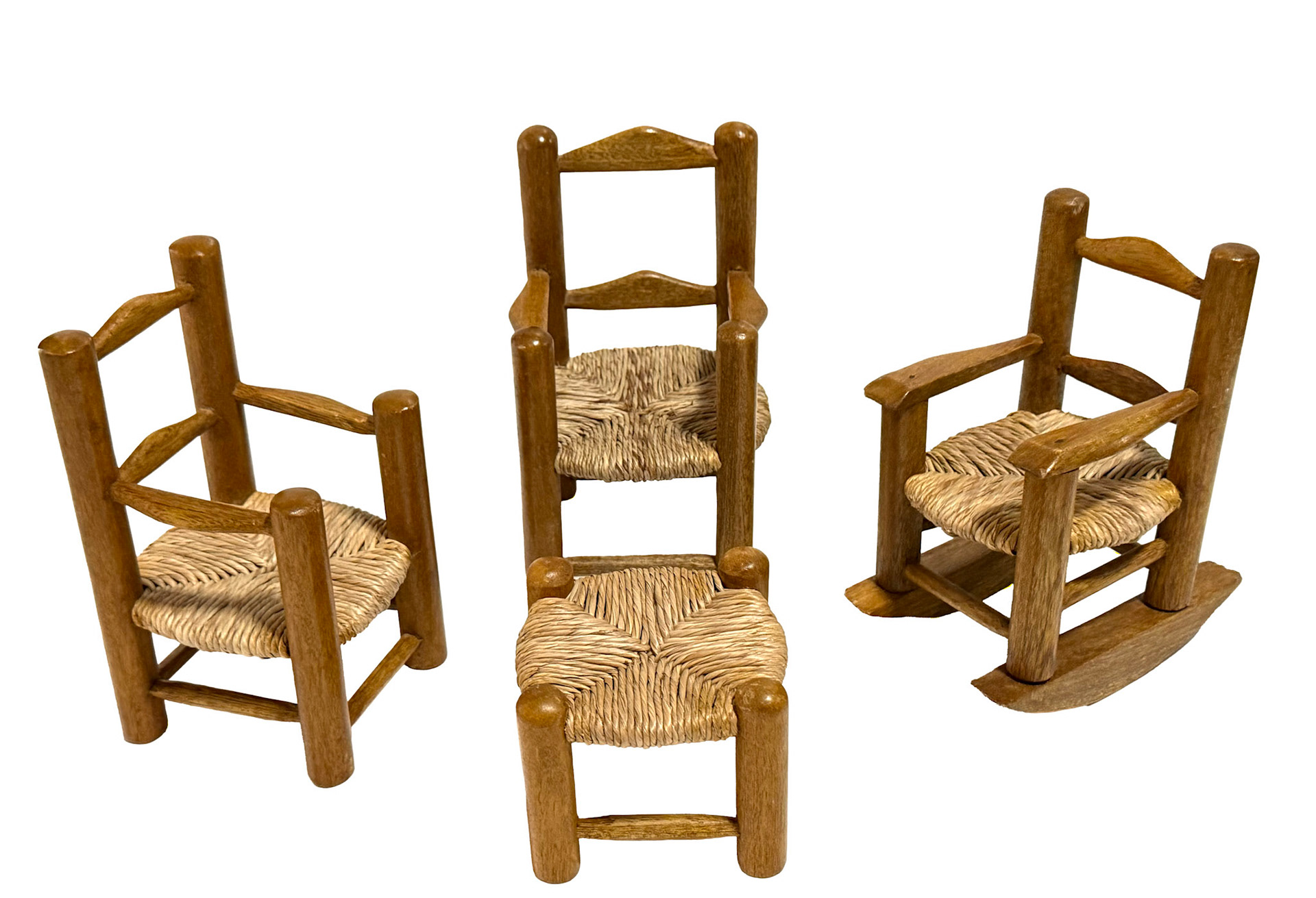 2 Wood Doll Chairs, 1 Rocker, 1 Table with Rush Rattan