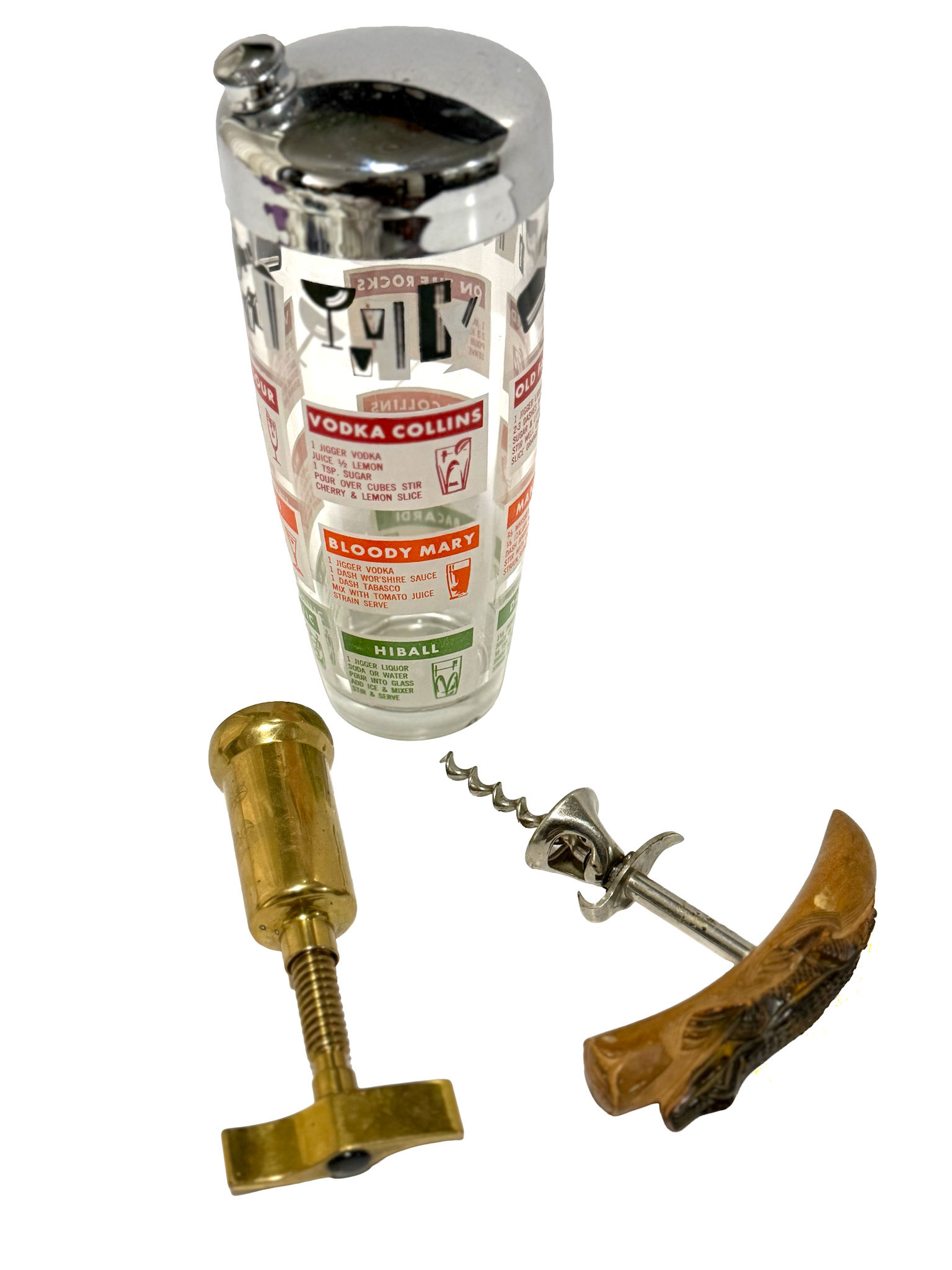 Hazel Atlas Recipe Cocktail Shaker, Italian Brass Corkscrew, Carved Alligator Relief Corkscrew