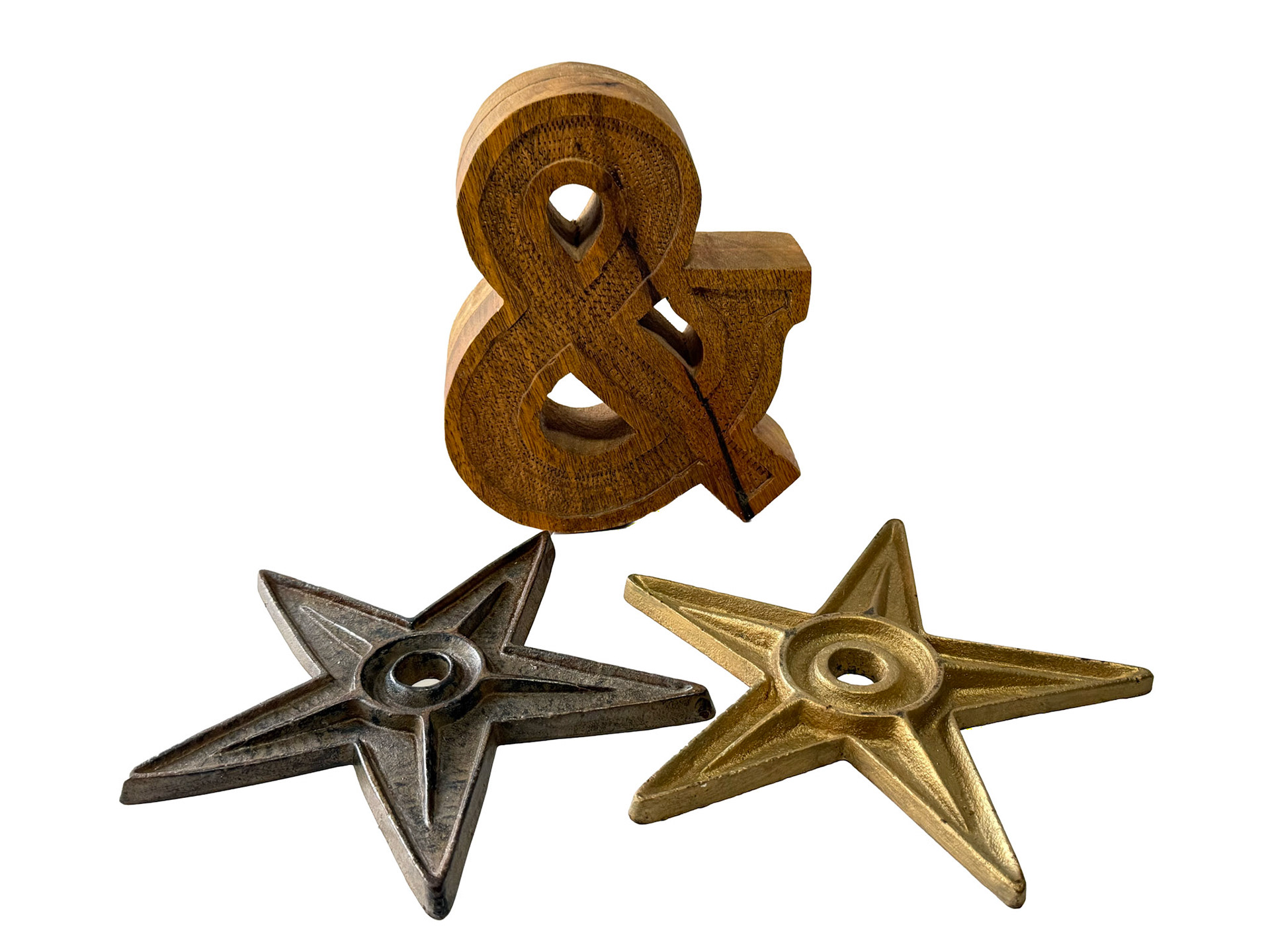 2 Architectural Star Anchors (Diameter 8 in) & Hand Carved Textured Ampersand (Height 8 in, Width 6.75 in, Depth 2 in)