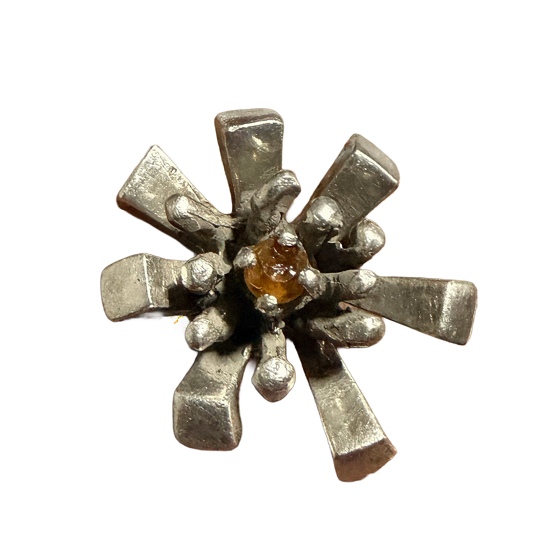 Brutalist Stering Silver Sputnik Ring With Amber Stone (Size 5)