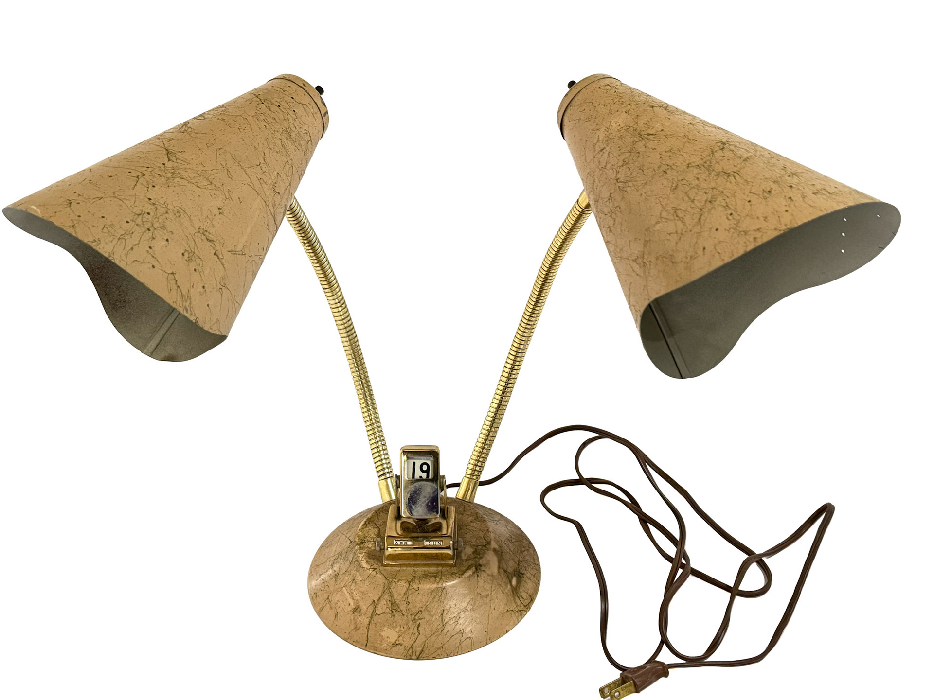 Double Gooseneck Brass & Fiberglass Table Lamp With Calendar (Height; 14 in)