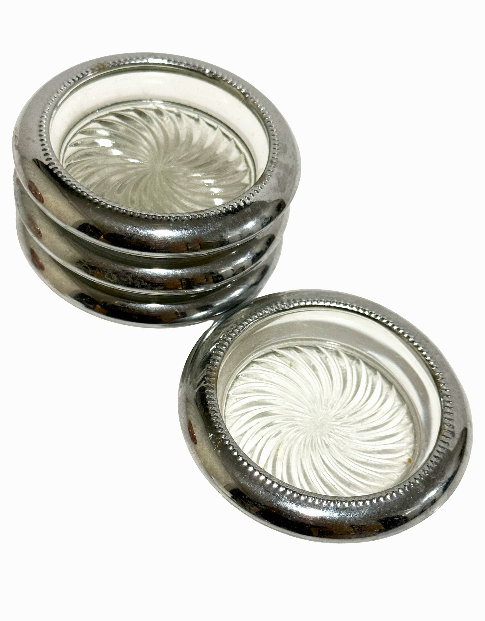 4 Leonard Silver Plate & Glass Coasters