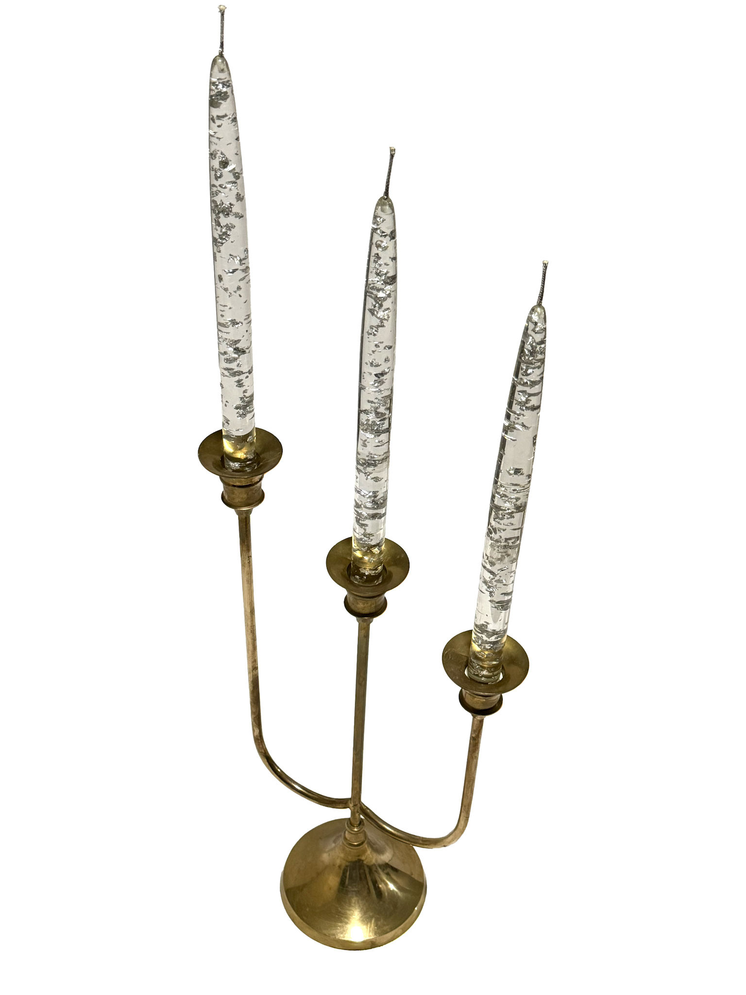 Brass 3 Arm Candelabra & Clear Lucite Candles
