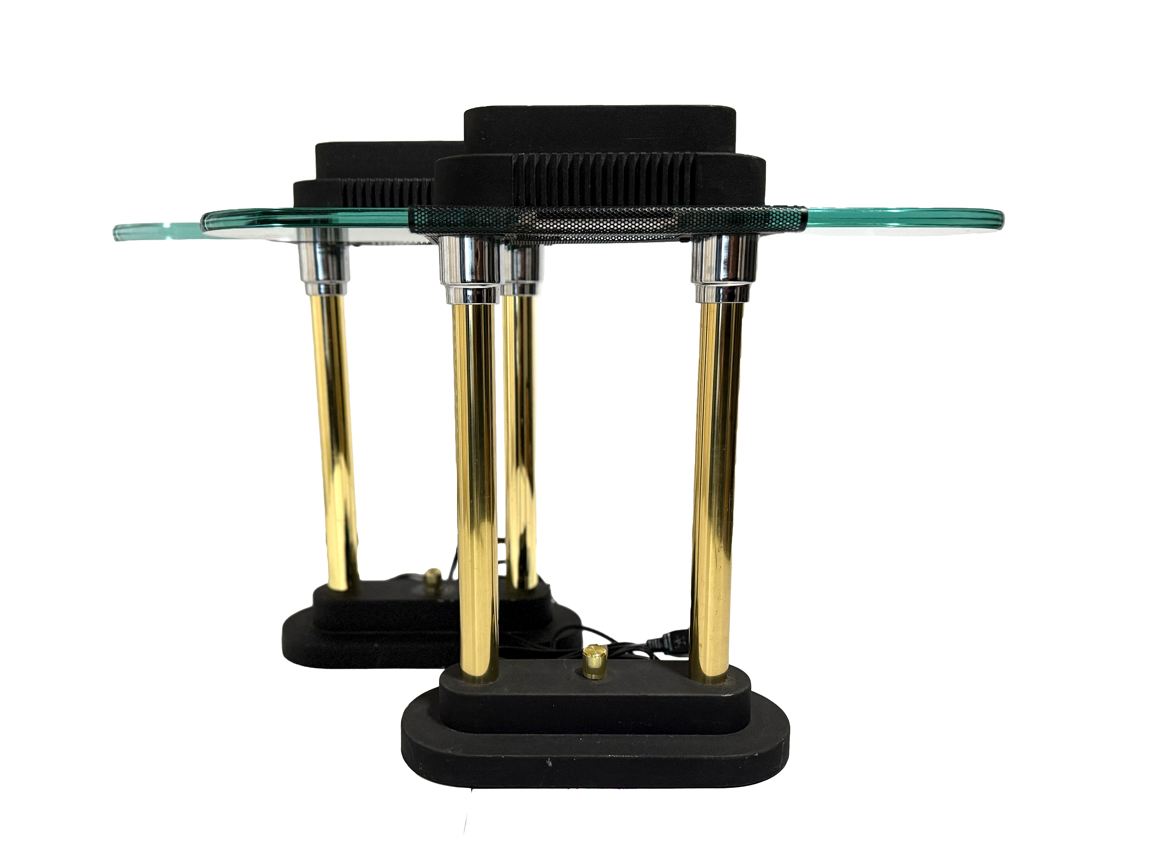 2 Robertt Sonneman 80s Brass Banker's Lamp (Height: 15.25 in, Width: 16.75 in, Depth: 4.75 in)  (Condition: Both Missing Glass Bulb Cover) (Height: 15.25 in, Width: 16.75 in, Depth: 4.75 in) 