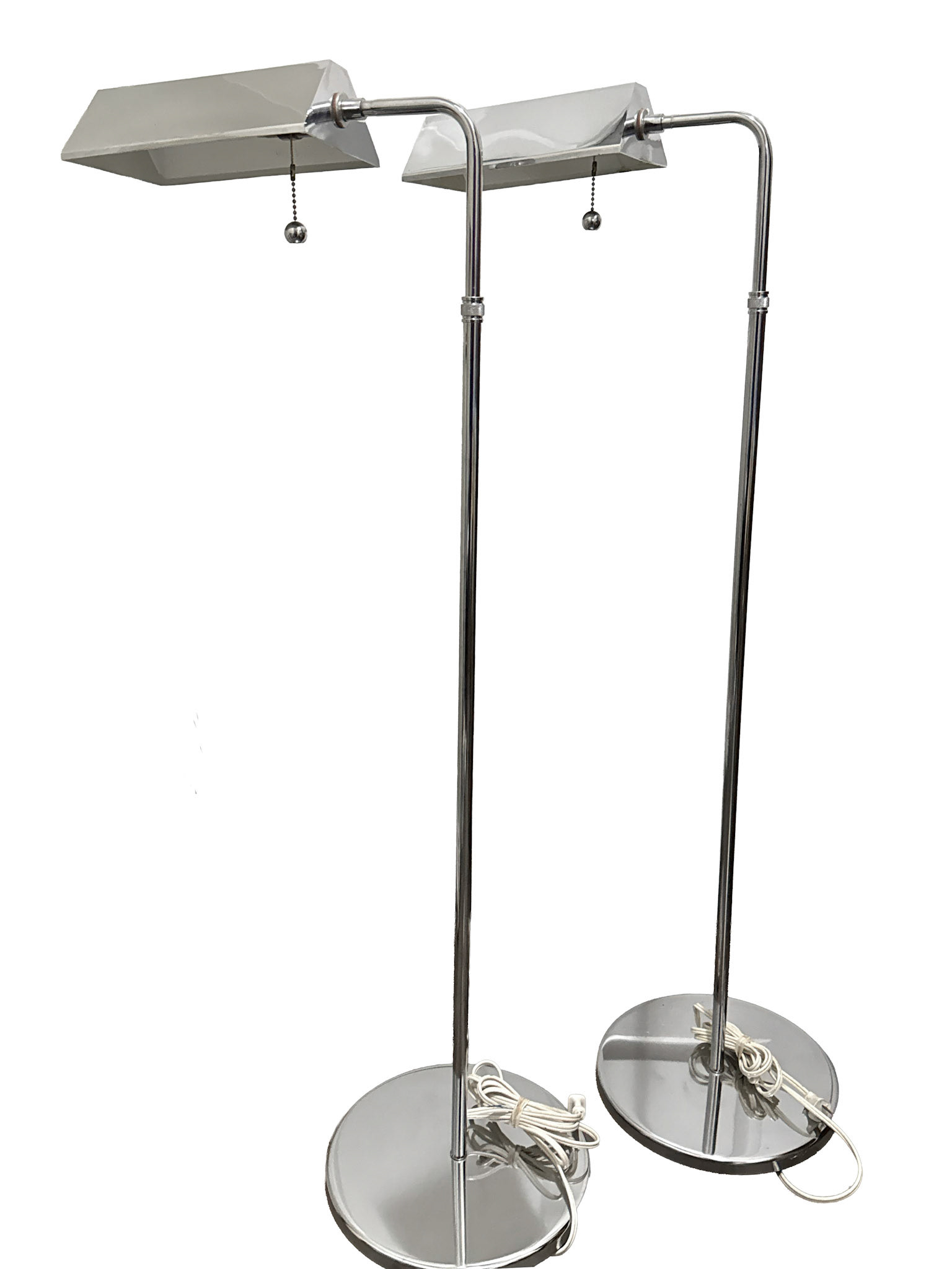 2 Adjustable Chrome Pharmacy Floor Lamps (Height 44 in, Base 10 in, Shade Width 5.5 in, Shade Length 8.5 in)