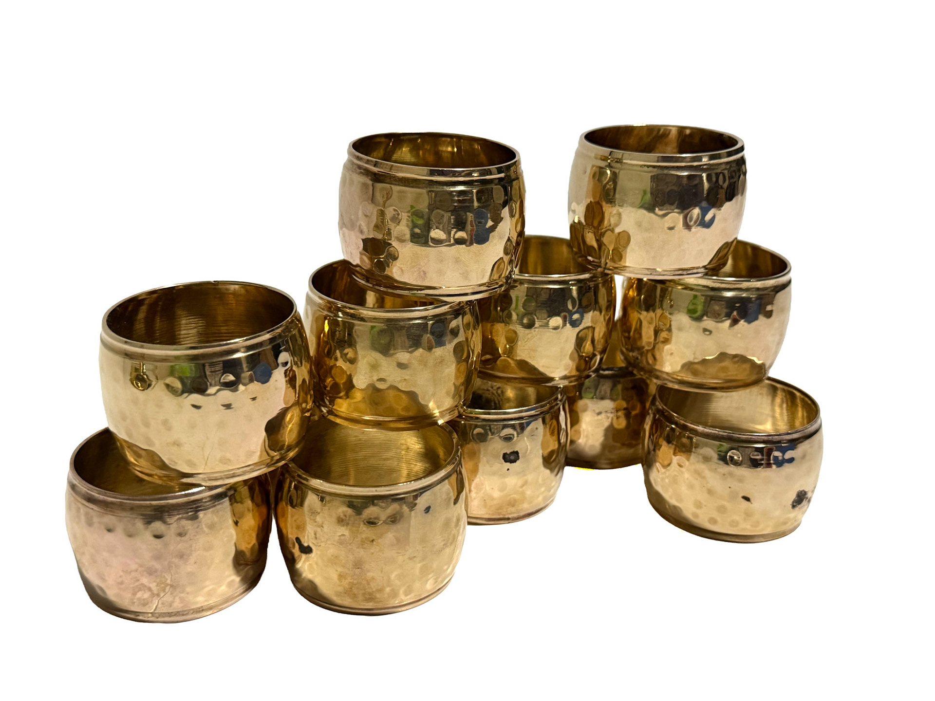 12 Brass Hammered Napkin Rings (4 minor rust spots)