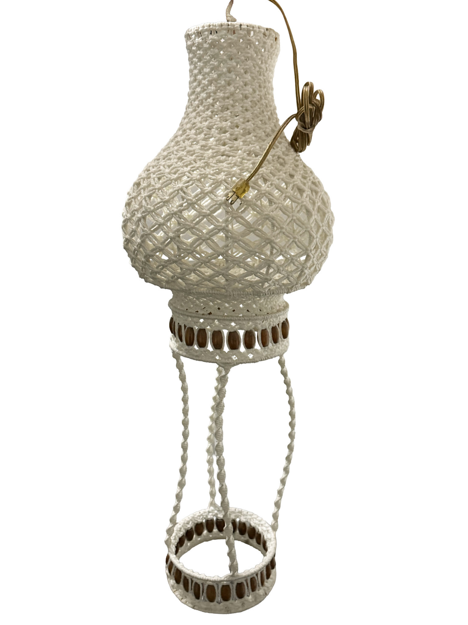 Large Macrame 70s White Boho Pendant Lamp With Plant Holder (Shade Length 23 in, Diameter 15 in)  (Cording Length 20 in) (Planter Diameter 9 in)