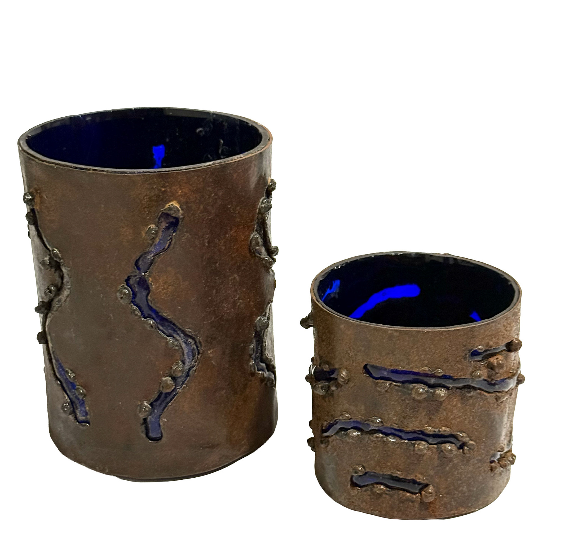 Brutallist Metal Imprisoned Cobalt Blue Glass Votive Holder (In The Style of Felipe Derflingher)