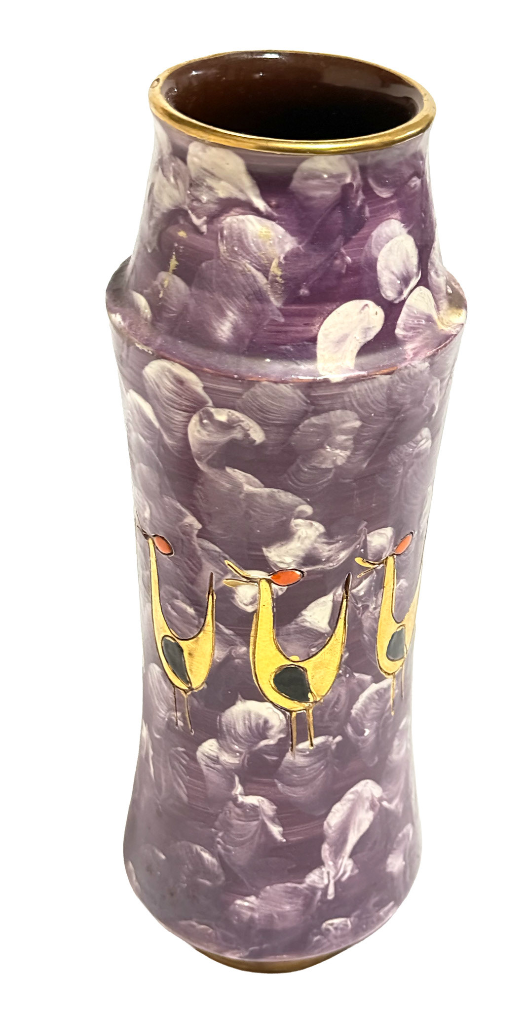 Aldo Londi for Bitossi Ceramic Gilt Birds Vase (Height: 12 in, Diameter: 3.5 in)