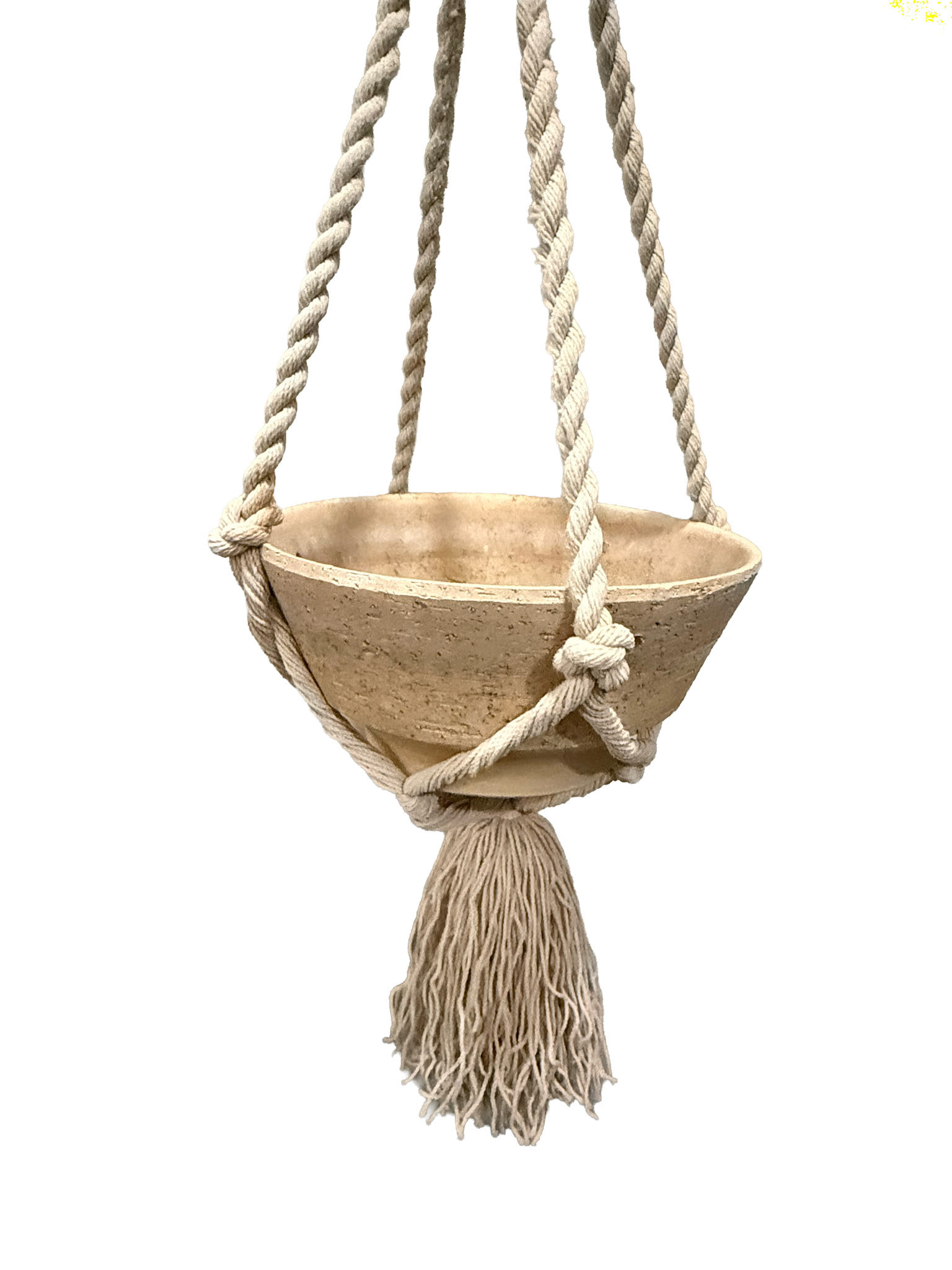 Travertine Planter (Diameter 10 in, Height 5 in), Macrame Plant Hanger (Length 48 in)