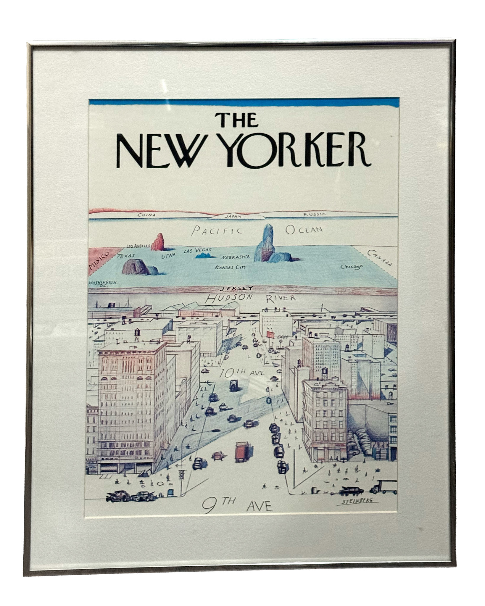 'View From 9th Ave' Poster: Saul Steinberg 1976 New Yorker (Frame: 17.25 in x 22 in) (Artwork: 12 in x  17 in)