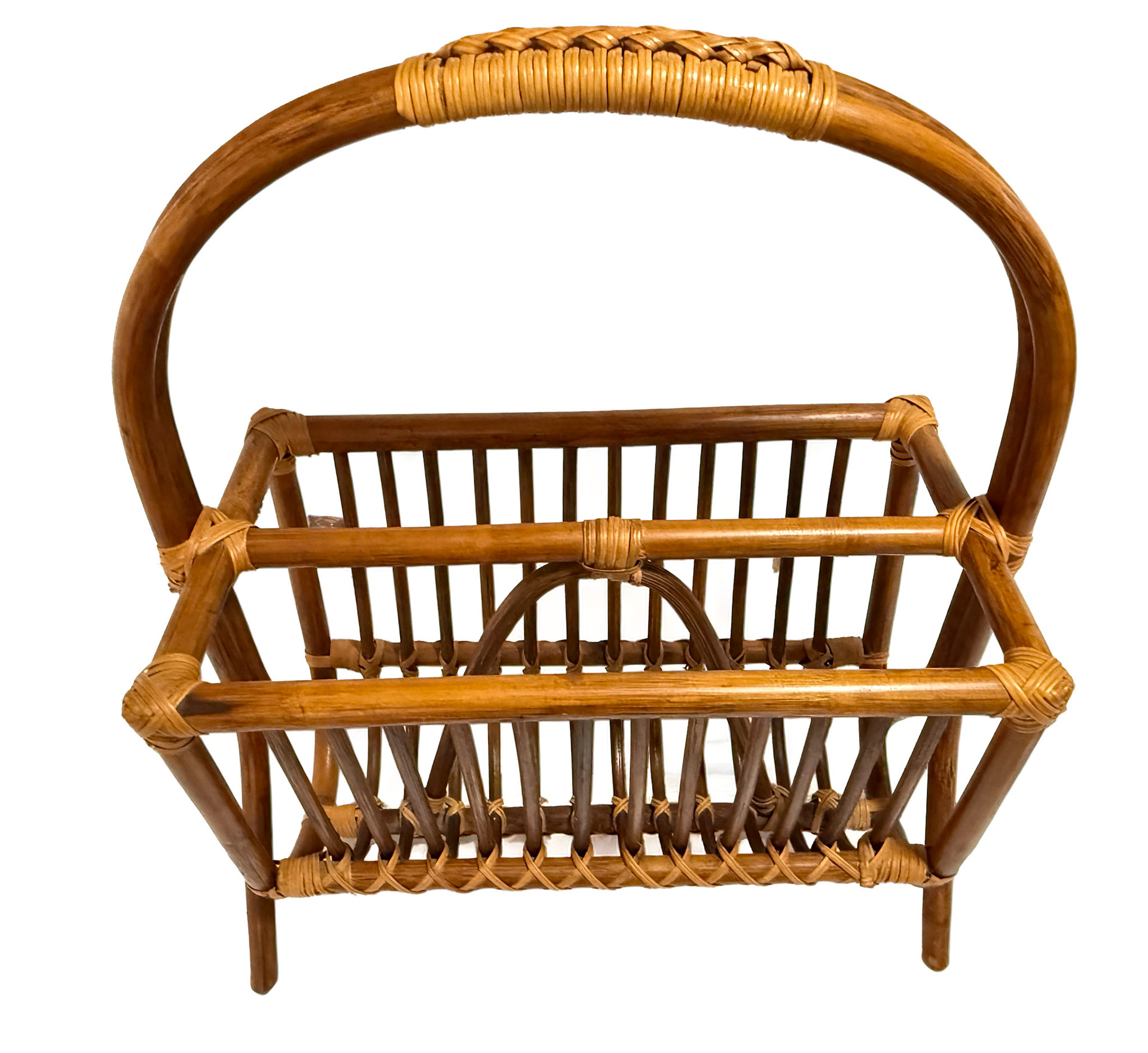 Rattan Bamboo Magazine Rack In The Style Of Franco Albini (Length 17 in, Height 21 in, Depth 12 in)