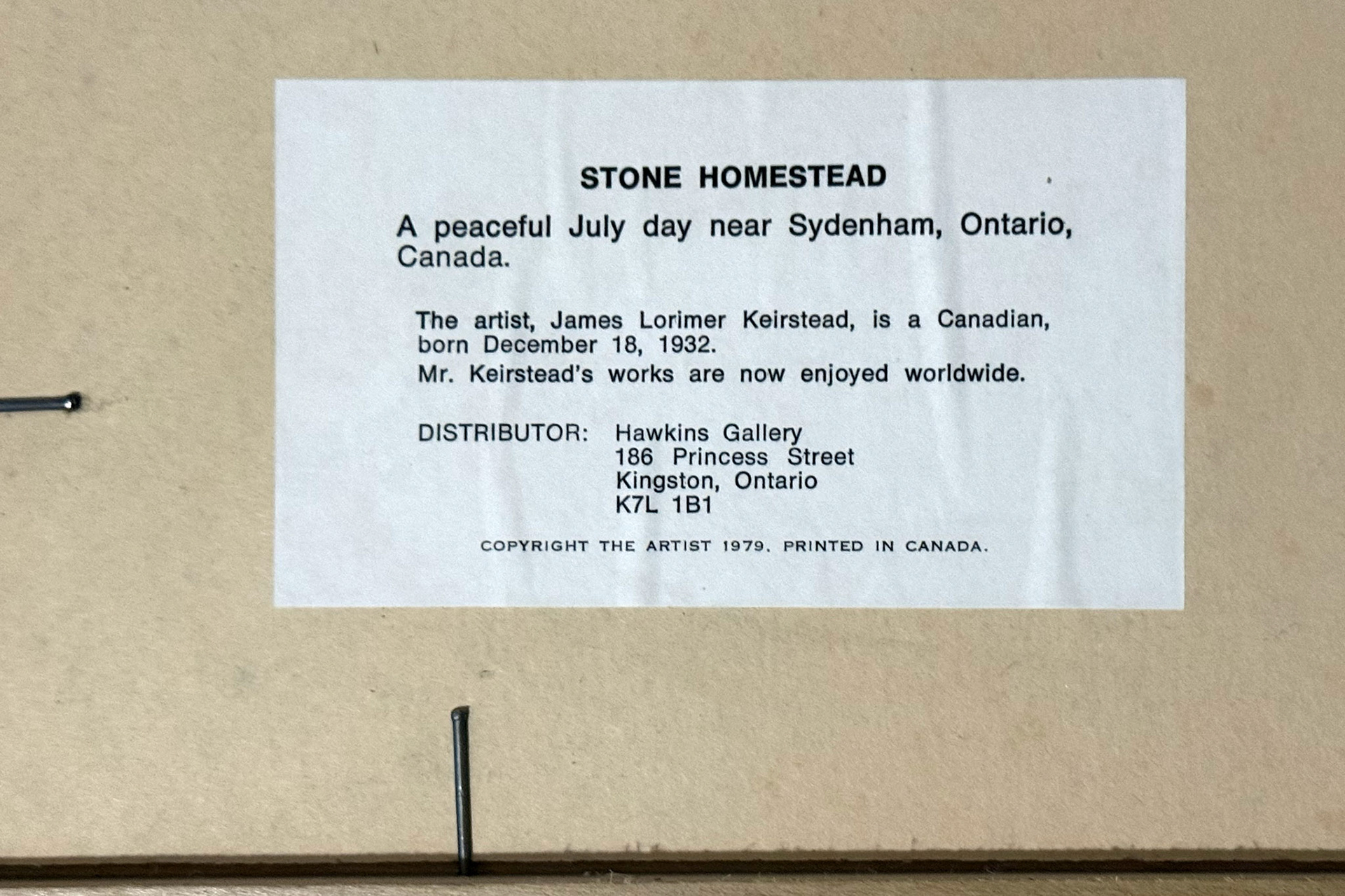 Back Label Of Keirstead Painting