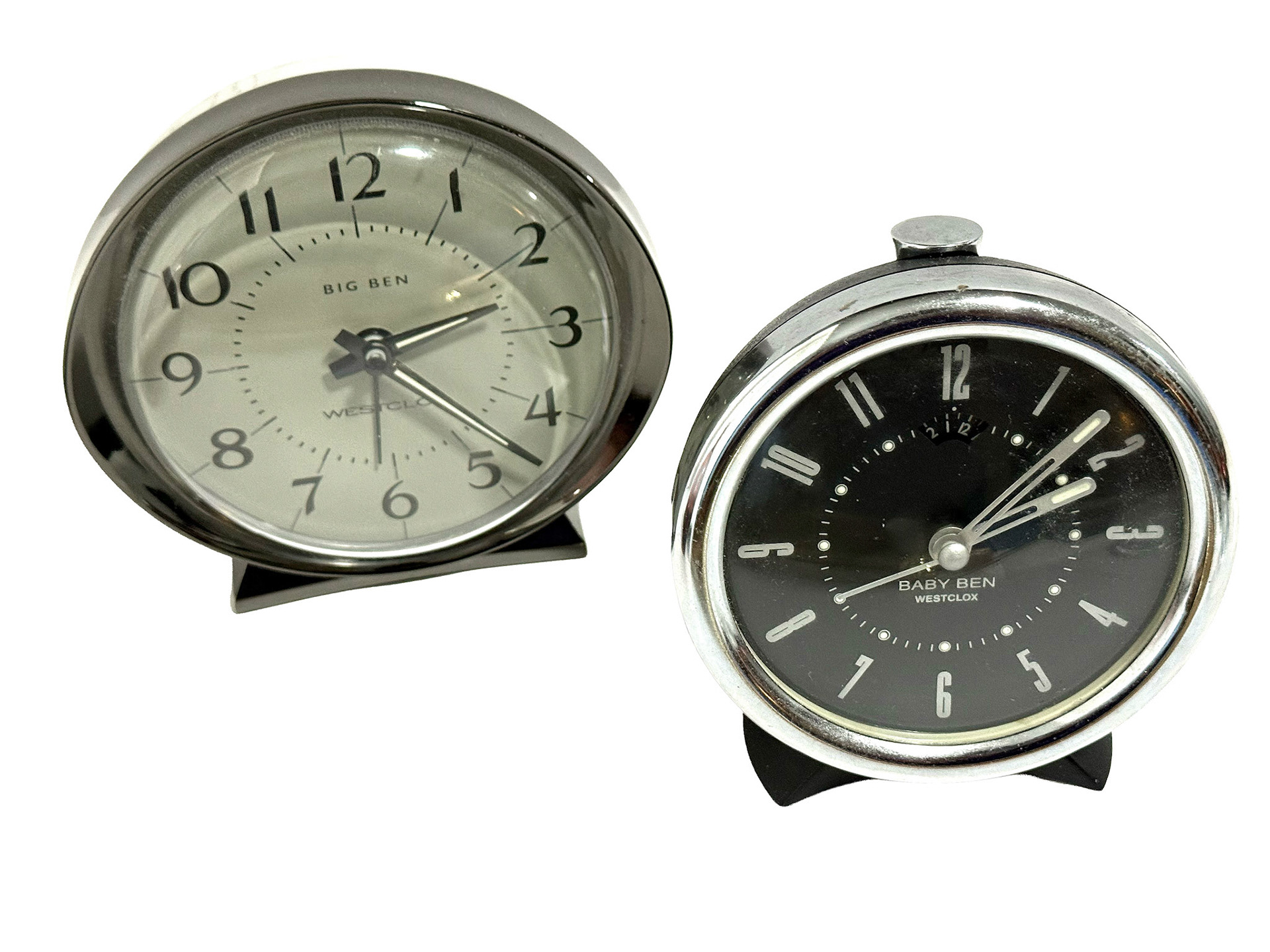 Westclox Big Ben (Height: 5 in, Width: 5 in, Depth: 3 in) & Baby Ben ( Height: 4 in, Width: 4 in, Depth: 3 in) Clocks