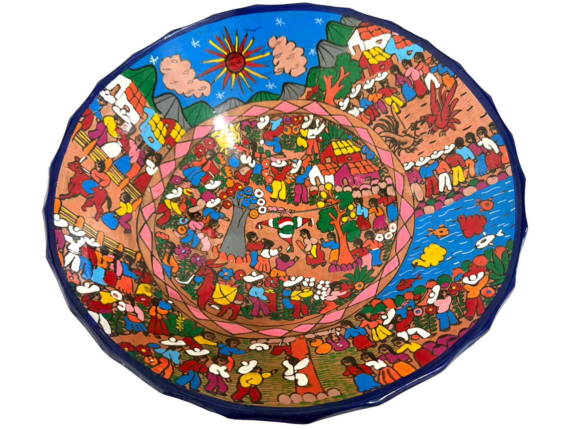 Mexican Hand Painted Terracotta Story Bowl (Diameter: 12.5, Height: 4 in)