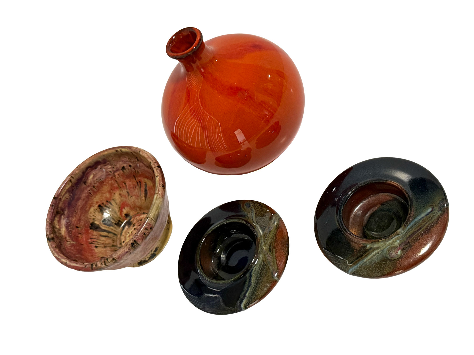 Small Spatter Ceramic Bowl, Orange Ceramic Glazed Vase, 2 Studio Pottery Tealight Holders