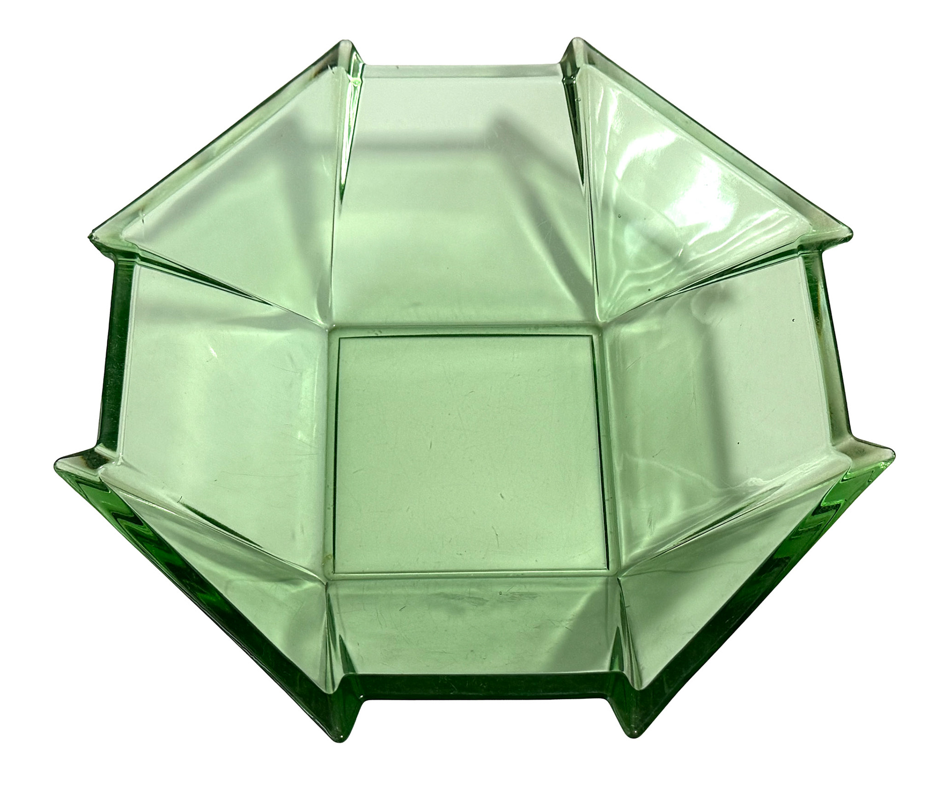 Hexagonal Art Deco Green Glass  Bowl