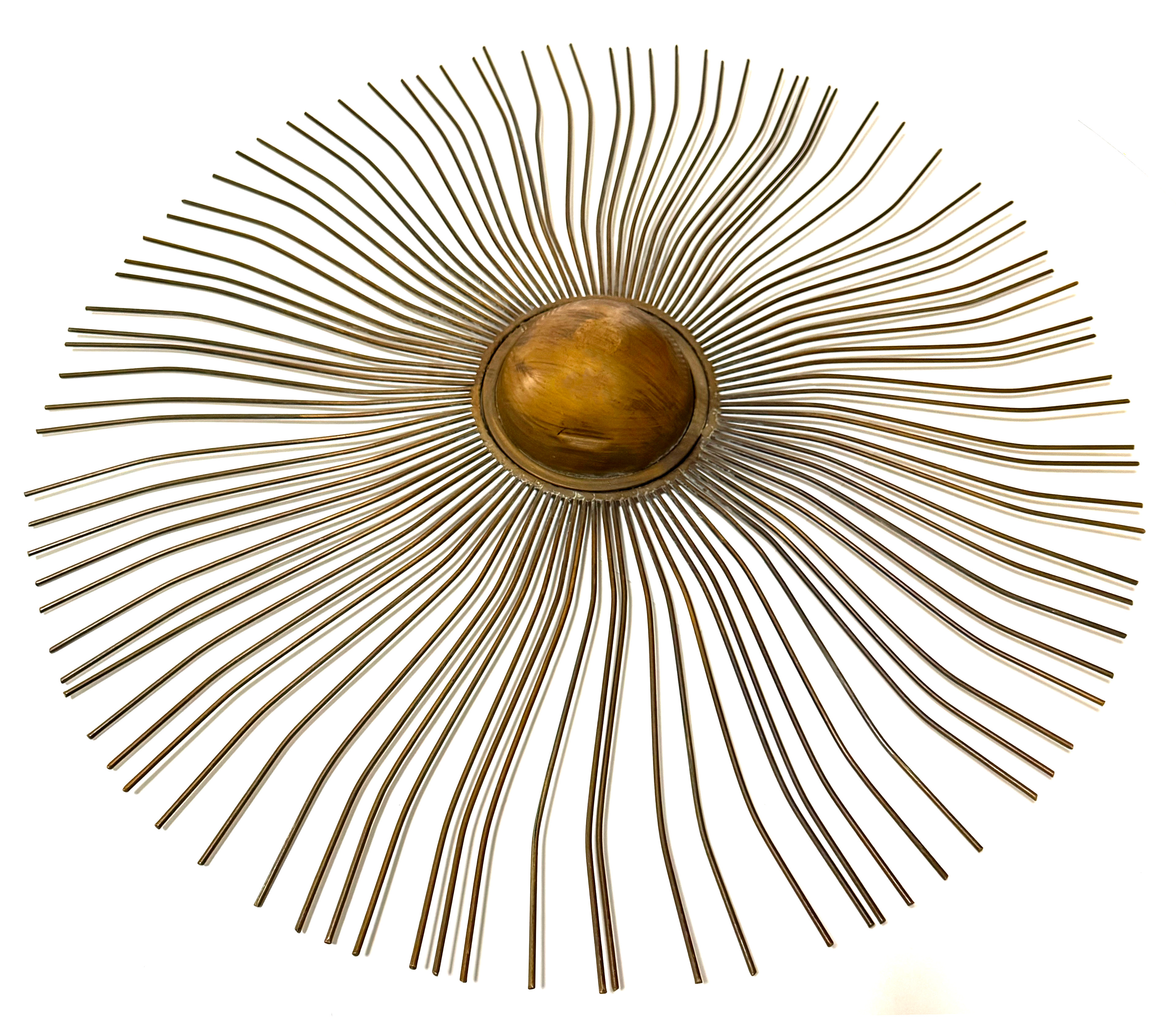 Brutalist  Sunburst Wall Sculpture In The Style Of Curtis Jére (Diameter: 29 in, Depth: 3 in) (Condition:  1.5 in Dent On Lower Dome)