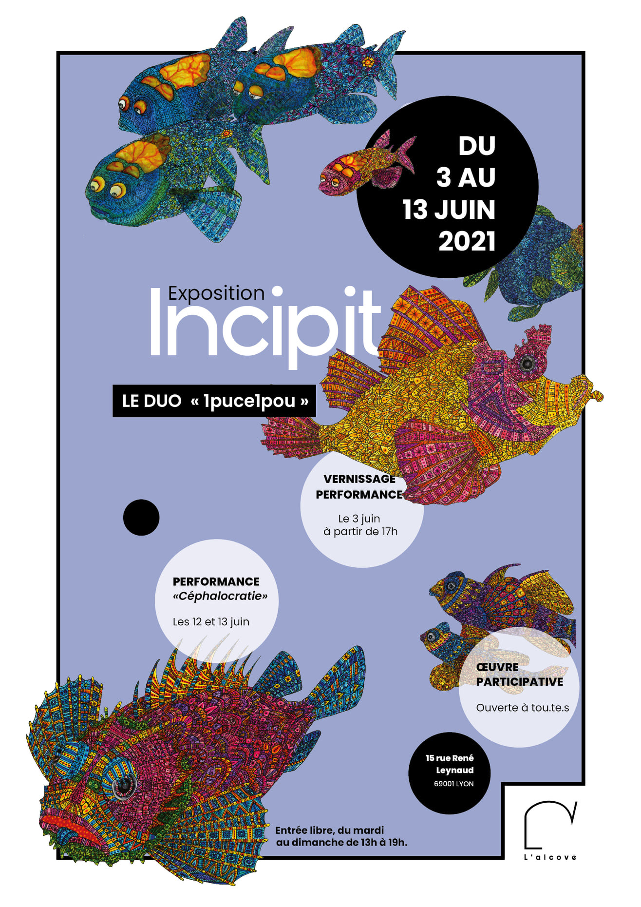 Affiche pour l'expo "Incipit" des micro-éditeurs lyonnais 1puce1pou en juin 2021